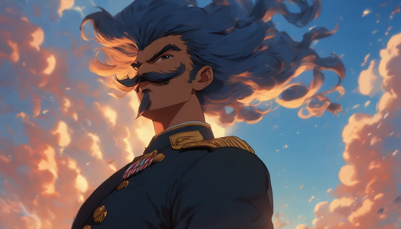 Create an image of a male Naval soldier with a thick mustache, standing tall and proud in a dark blue suit. He has long blue hair tied in a bun at the back of his head, round sunglasses. He is holding a flag in one hand and saluting with the other. The background is a clear blue sky with a few clouds. The soldier has a victorious expression on his face, and his mustache is neatly trimmed and tapered. The mood is victorious and the lighting is bright