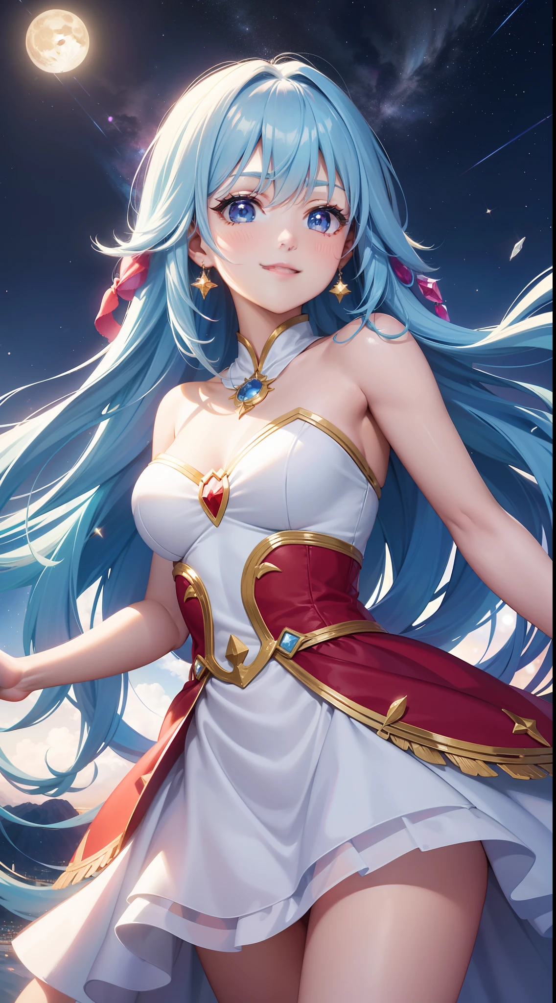 Super Idol a beauty girl A charming smile sky blue hair length hair Bright red and white costume Mystical Fantasia constellation a moon Crystal brilliance Aurora Borealis in the night sky
