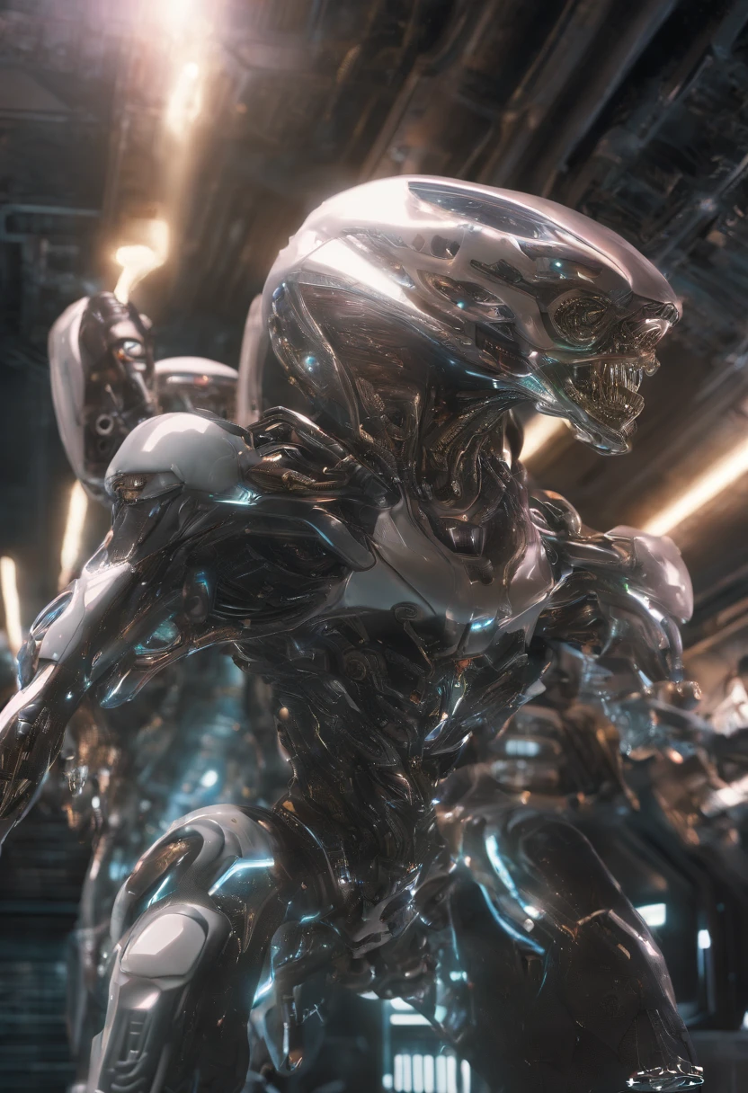 Translucent ethereal aliens,A mech coated with a ceramic glazed luster,Hard surface properties,streamlined line design,It has refined features in a sci-fi environment, glowing from within, Sparks and lights, Close-up, Realistic, Highly detailed, iintricate