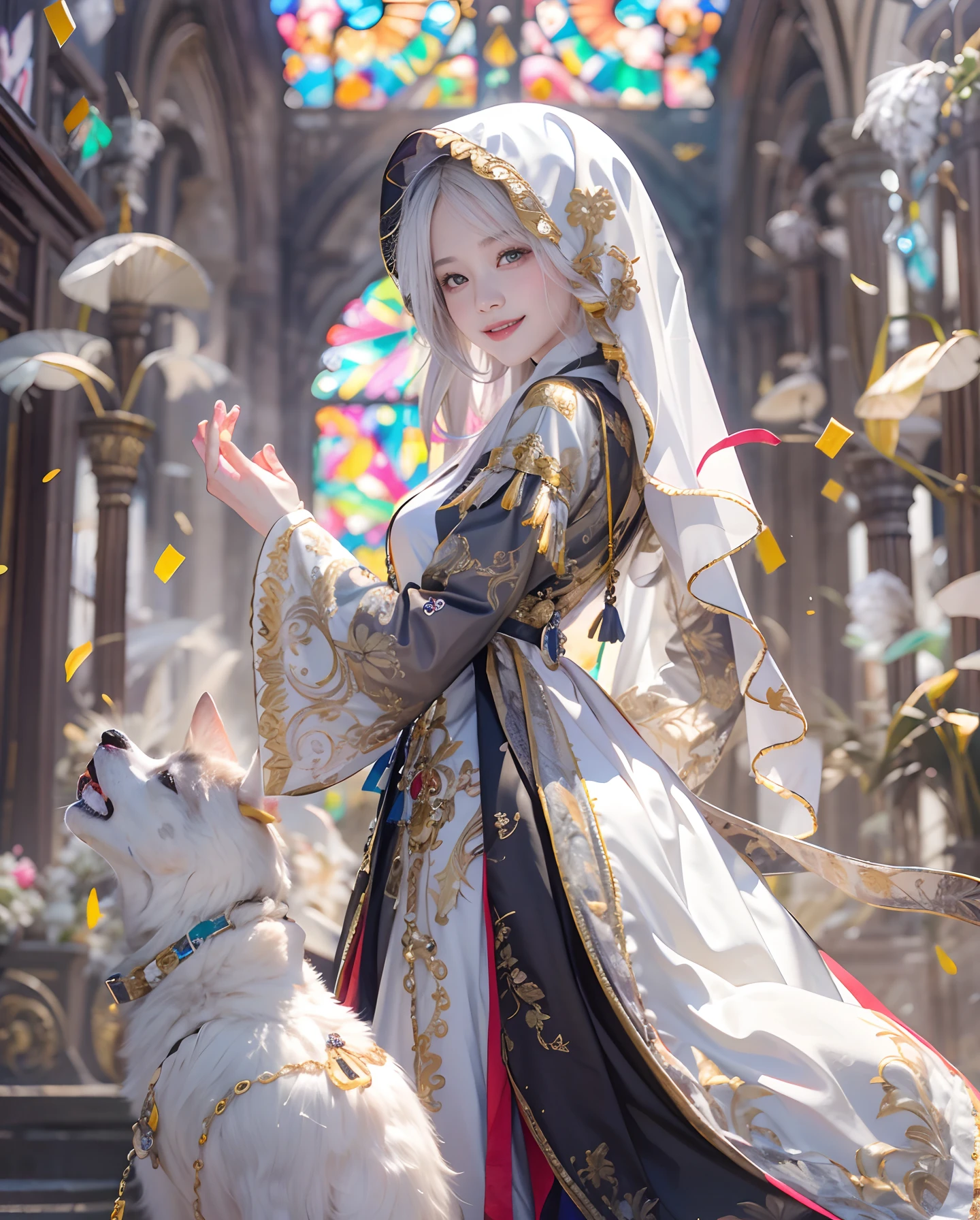 masutepiece、hight resolution、Nun costume、25Old Female、1girl with、Look at the viewer、smil、Okappa、The background is a monastery、Beautiful stained glass、the skin is white and transparent、Beautiful nun praying to God、the skin is white and transparent、legs are thin and beautiful,high-heels、beautiful smiling face、No splashes on the back、