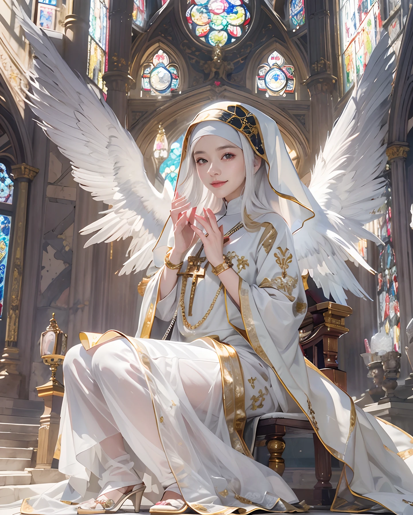 masutepiece、hight resolution、Nun costume、25Old Female、1girl with、Look at the viewer、smil、Okappa、The background is a monastery、Beautiful stained glass、the skin is white and transparent、Beautiful nun praying to God、Angel Smile、the skin is white and transparent、Paws are thin and beautiful,high-heels、