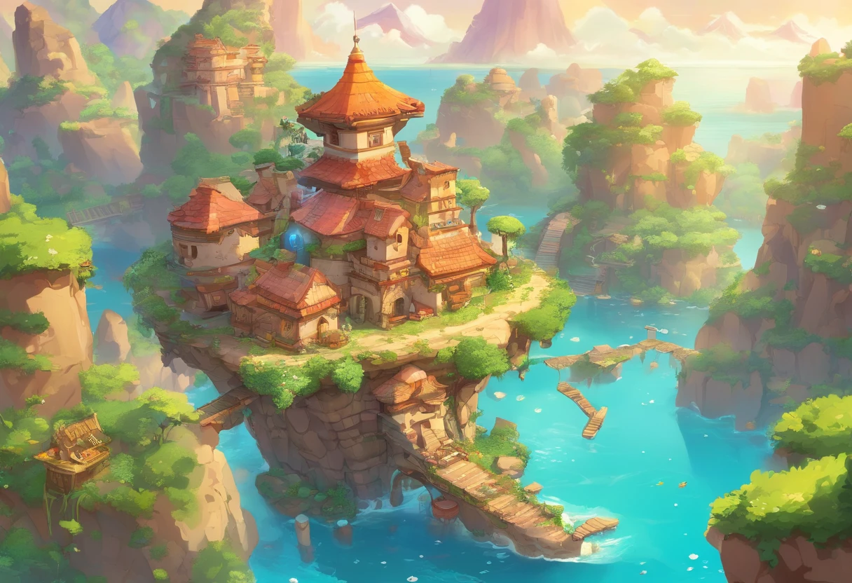 floating island, Decaying ruined cities and land in the sky, where once a prosperous city was formed, but the buildings made of stone and wood have decayed and are dominated by the life force of plants and trees. Collapsed and collapsed buildings, Ancient ruins, uninhabited, a paradise for birds, Artificial fountains, overhead view from a distance, angles from the sky, fantasy worlds,