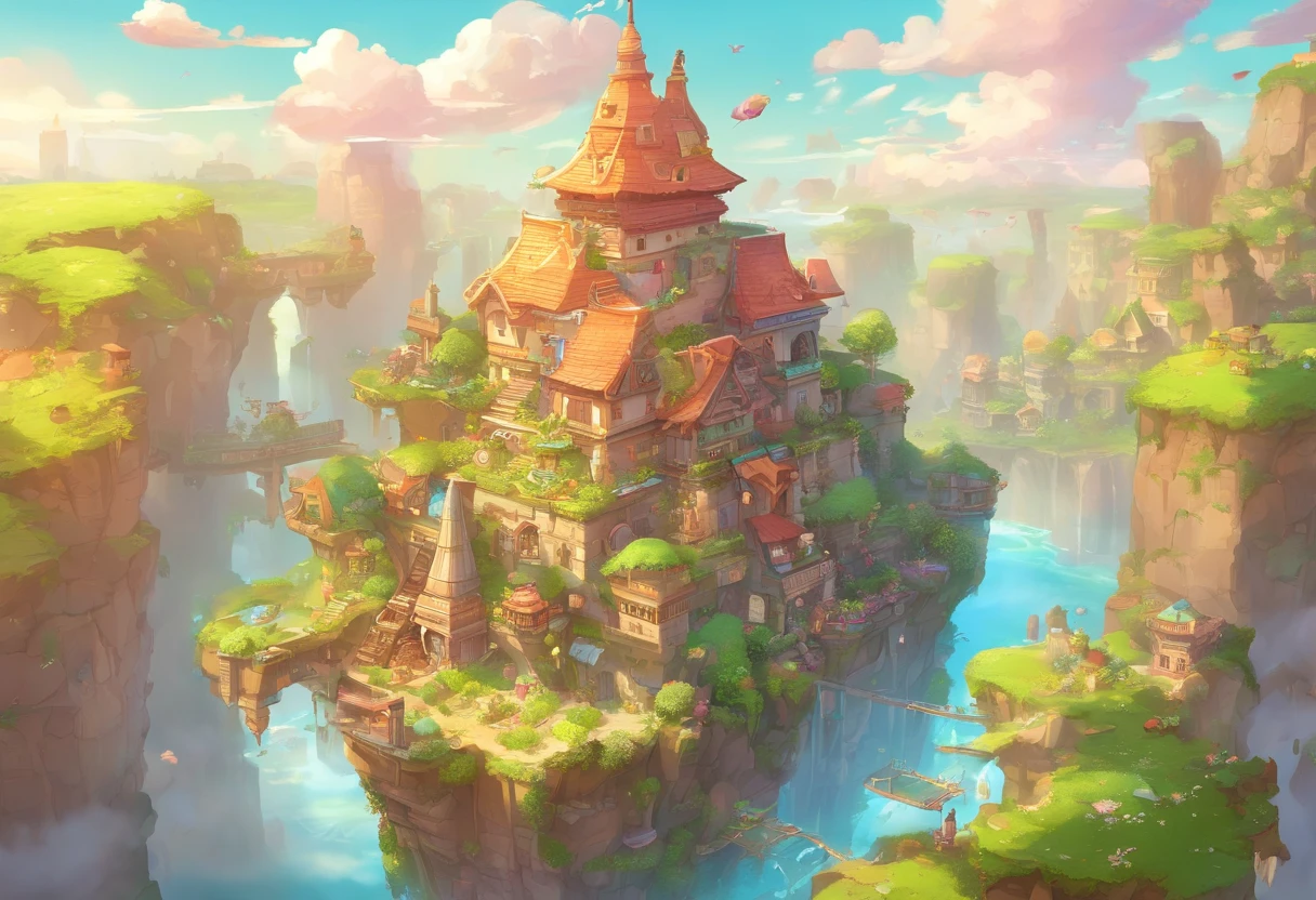 floating island, Decaying ruined cities and land in the sky, where once a prosperous city was formed, but the buildings made of stone and wood have decayed and are dominated by the life force of plants and trees. Collapsed and collapsed buildings, Ancient ruins, uninhabited, a paradise for birds, Artificial fountains, overhead view from a distance, angles from the sky, fantasy worlds,