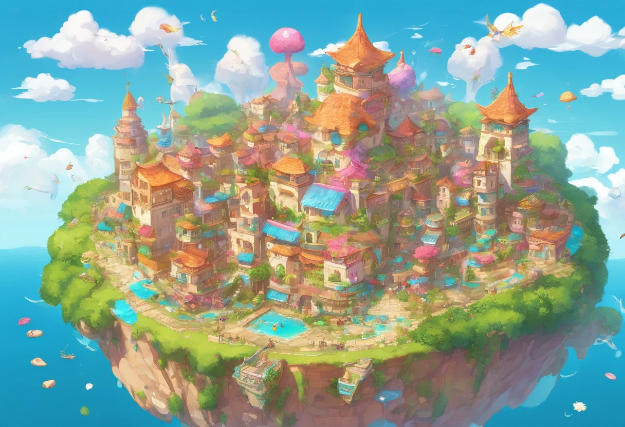 floating island, Decaying ruined cities and land in the sky, where once a prosperous city was formed, but the buildings made of stone and wood have decayed and are dominated by the life force of plants and trees. Collapsed and collapsed buildings, Ancient ruins, uninhabited, a paradise for birds, Artificial fountains, overhead view from a distance, angles from the sky, fantasy worlds,
