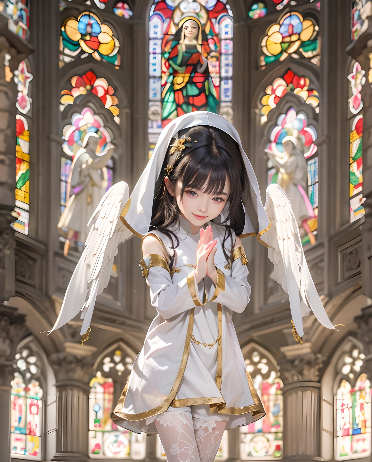 masutepiece、hight resolution、Nun costume、25Old Female、1girl with、Look at the viewer、smil、Okappa、The background is a monastery、Beautiful stained glass、the skin is white and transparent、Beautiful nun praying to God、Angel Smile、the skin is white and transparent、Paws are thin and beautiful,high-heels、
