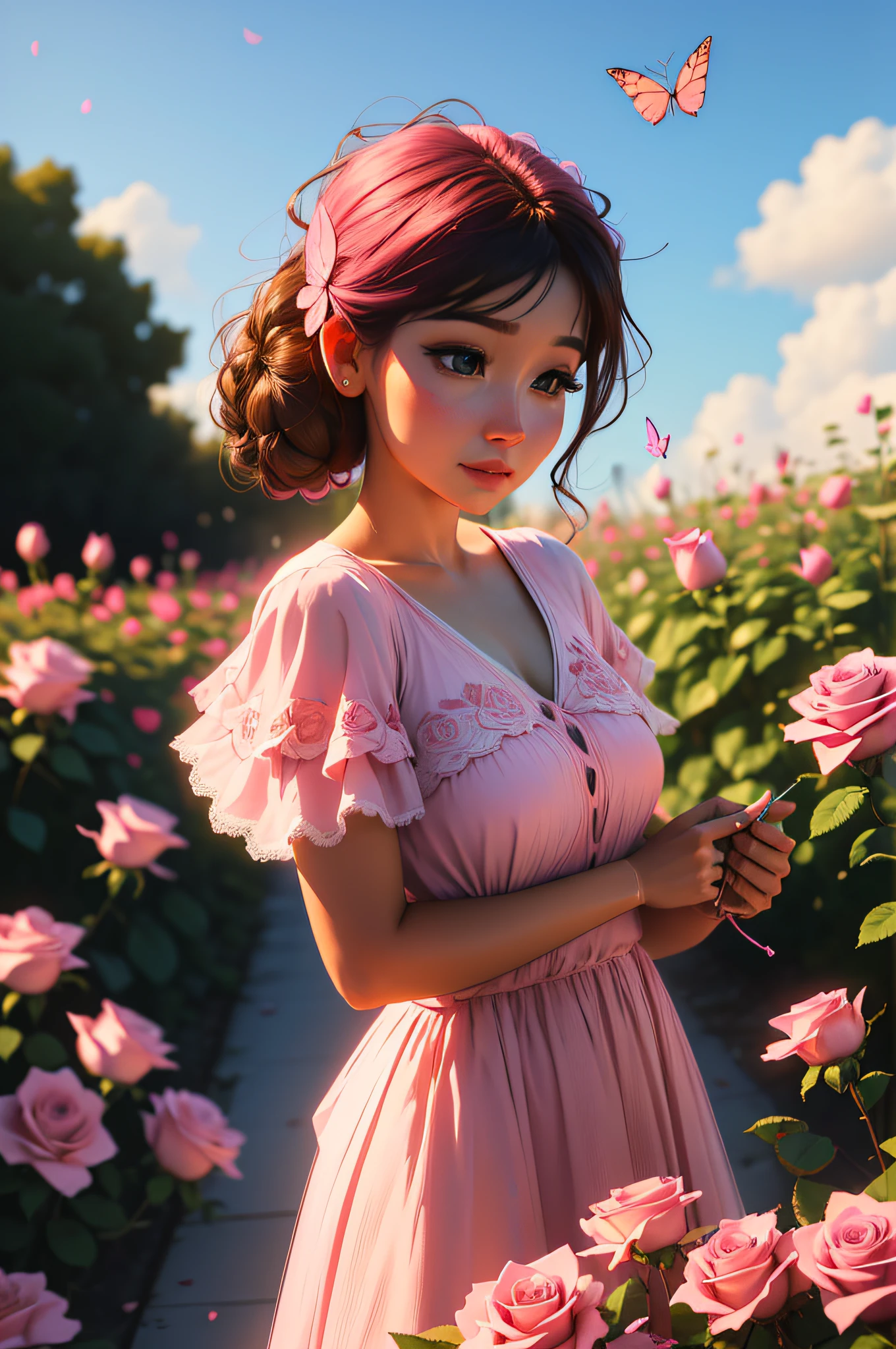 There are many pink roses growing on a bush in the sun, roses in cinematic light, renderizado em povray, renderizado em maia e houdini, renderizado em Arnold, Roses, Renderizado em Houdini, fundo das rosas, rosas e flores de samambaia exuberantes, renderizado no motor arnold, renderizado no lumion pro, beautiful composition 3 - d 4 k, renderizado em lumion, ((Beautiful pink with delicate petals and colorful butterfly)|(rosa encantadora adornada com borboleta vibrante))