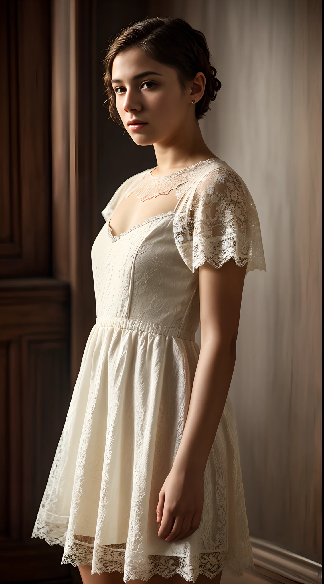 girl, shaved hair, lace dress, photorealistic, cinematic scene, hyperrealistic, ray tracing, HDR, best quality, High resolution, 8K