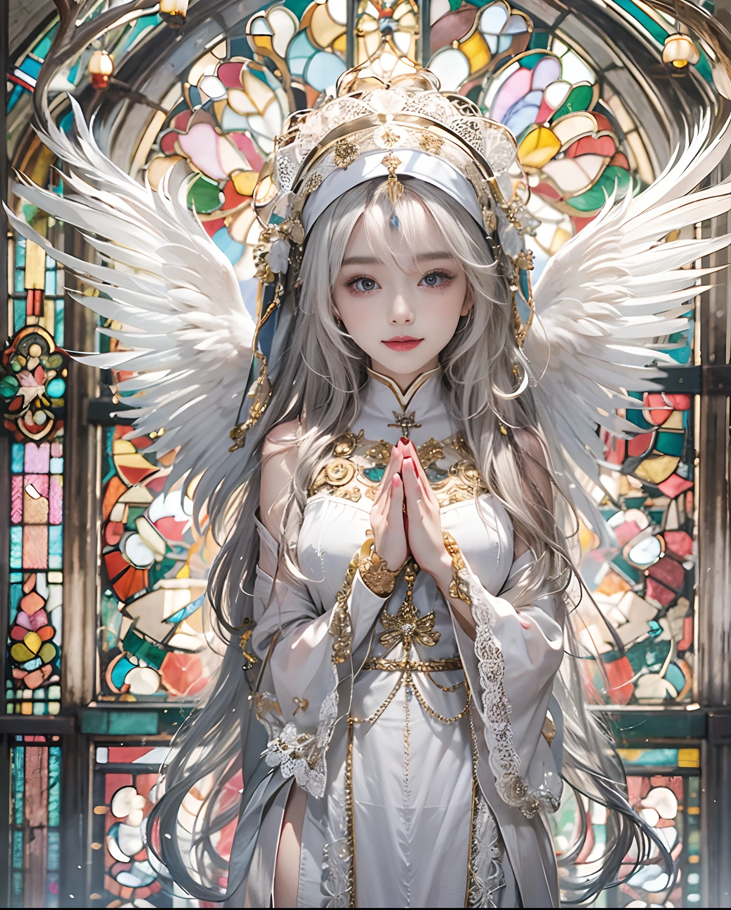 masutepiece、hight resolution、Nun costume、25Old Female、1girl with、Look at the viewer、smil、Okappa、The background is a monastery、Beautiful stained glass、the skin is white and transparent、Beautiful nun praying to God、Angel Smile、the skin is white and transparent、legs are thin and beautiful,high-heels、I don't need forehead ornaments、I don't need feathers、