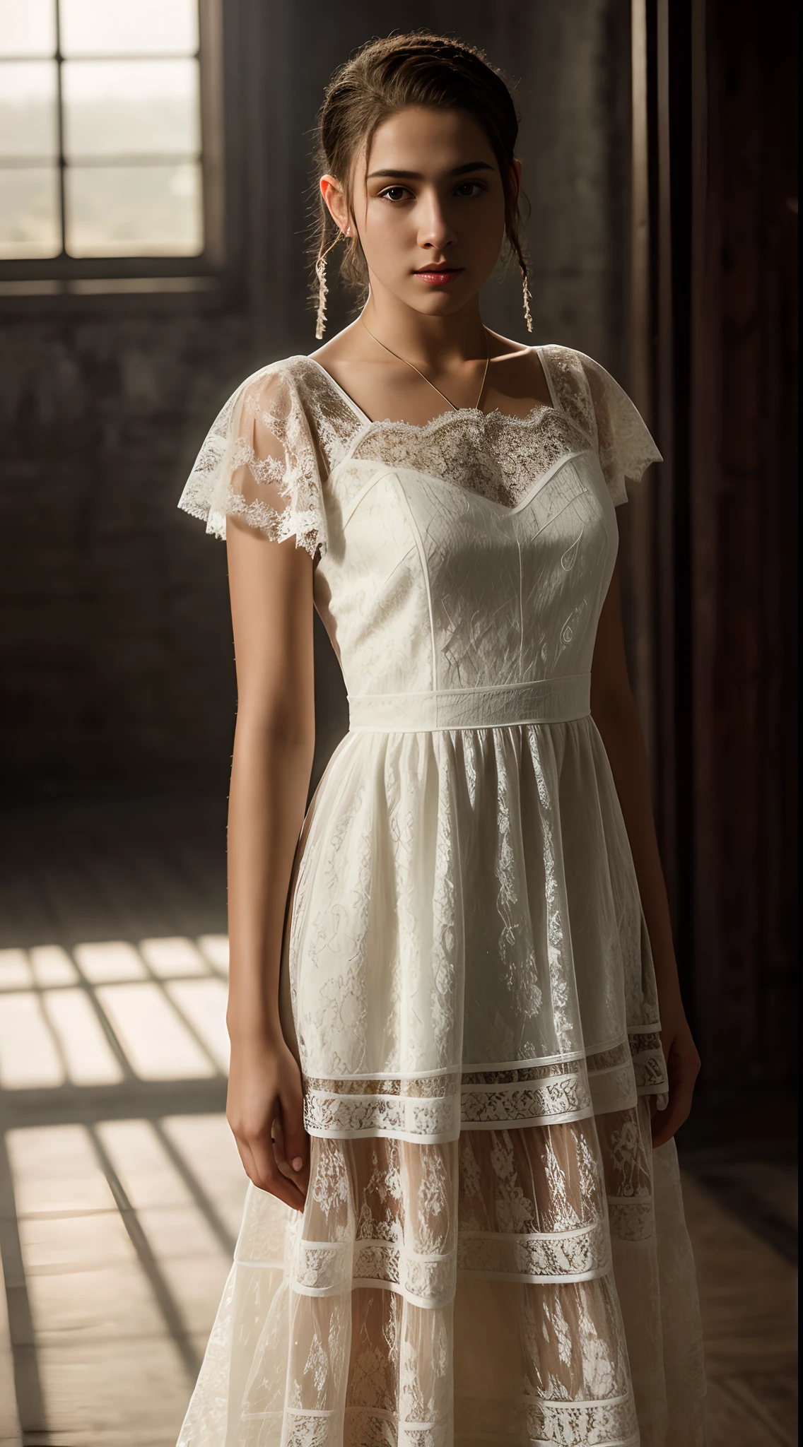 15 year old girl, shaved hair, lace dress, photorealistic, cinematic scene, hyperrealistic, ray tracing, HDR, best quality, High resolution, 8K