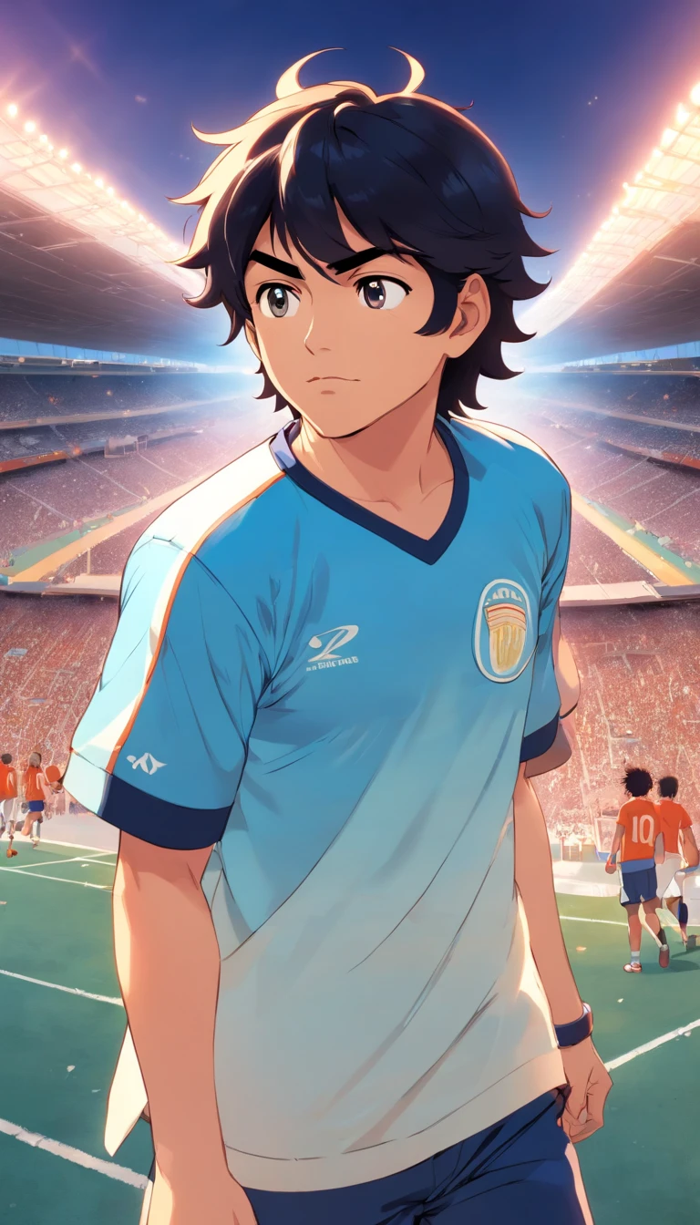 Diego Maradona con a camiseta del equipo nacional argentino en estilo anime , Standard scenario , mirar fijamente , (( Imagen sin deformidades )) , better resolution , mejor calidad , obra maestra