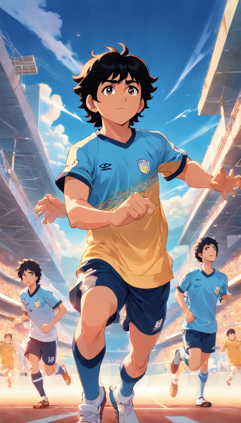 Diego Maradona con a camiseta del equipo nacional argentino en estilo anime , Standard scenario , mirar fijamente , (( Imagen sin deformidades )) , better resolution , mejor calidad , obra maestra