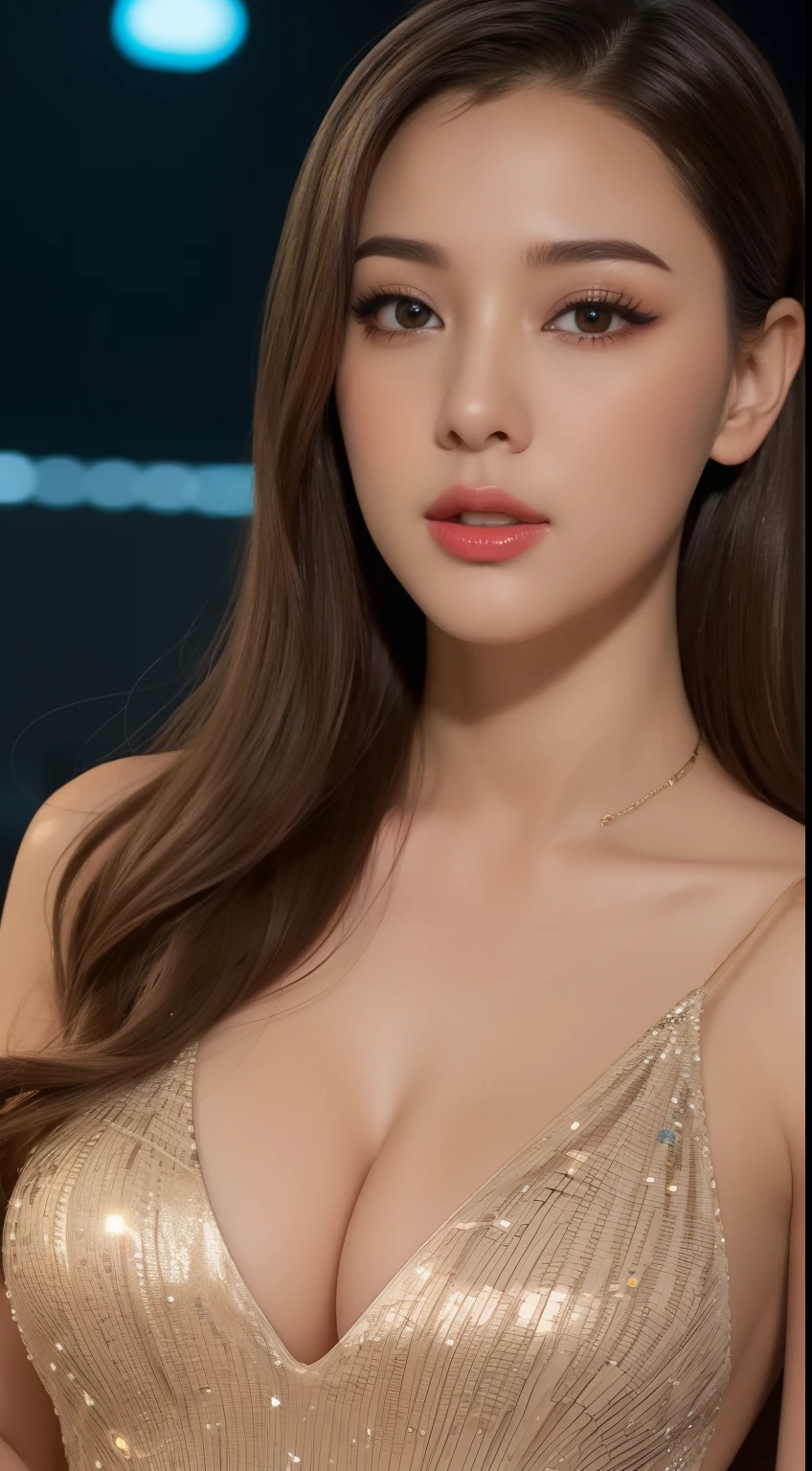 Ultra detail, high resolution, Ultra detailed, Best quality, Amazing, Top quality,Unified 8K wallpapers, Cinematic lighting, (fully body photo:1.6),(Sexy beauty),Call girl,Plump point woman,Hot woman,Wear sexy light mature low cut V-neck sequin silk dress
