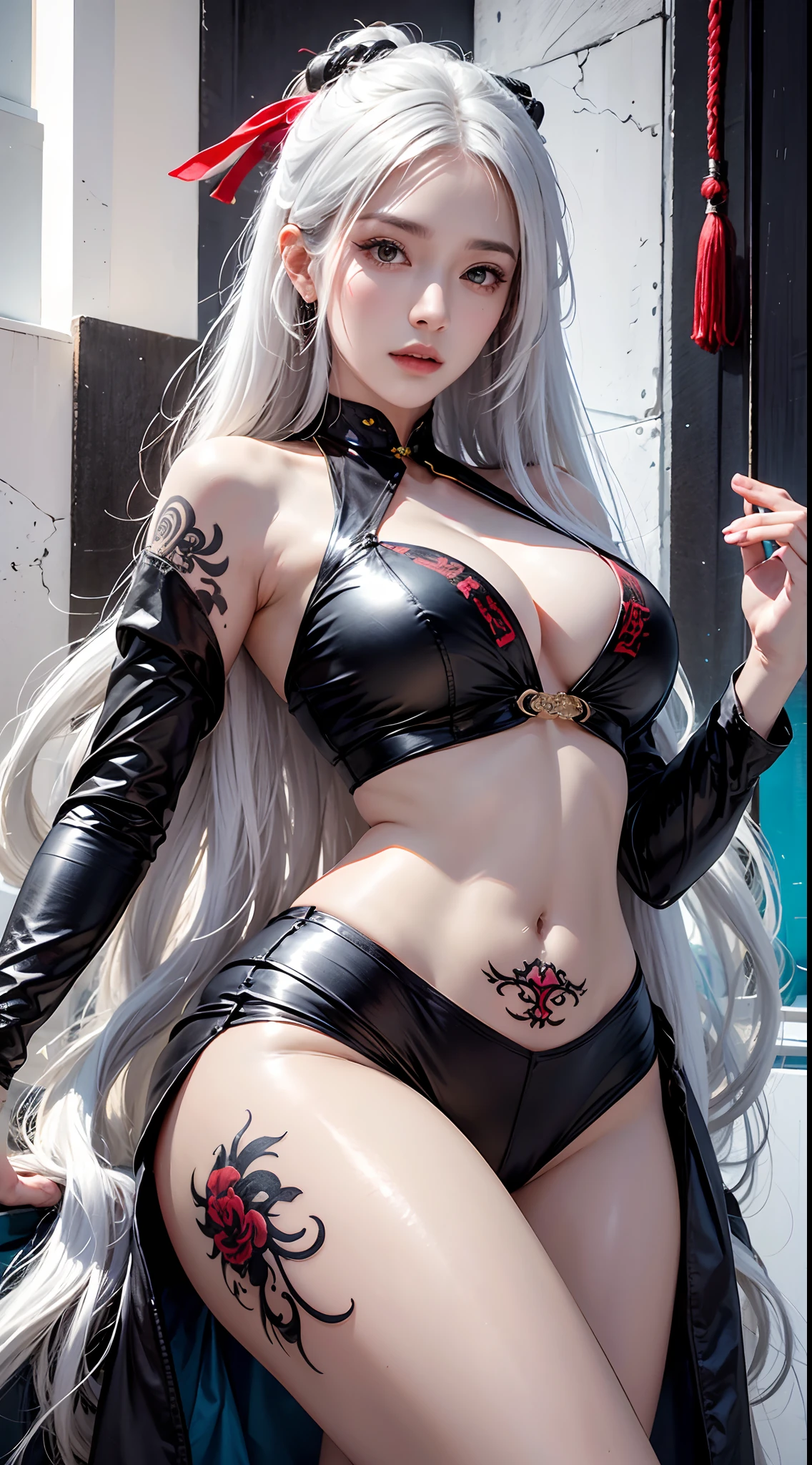 high resolution, 1 woman, hips up, Long hair, jewelry, tattoo, white hair, kungfu wear