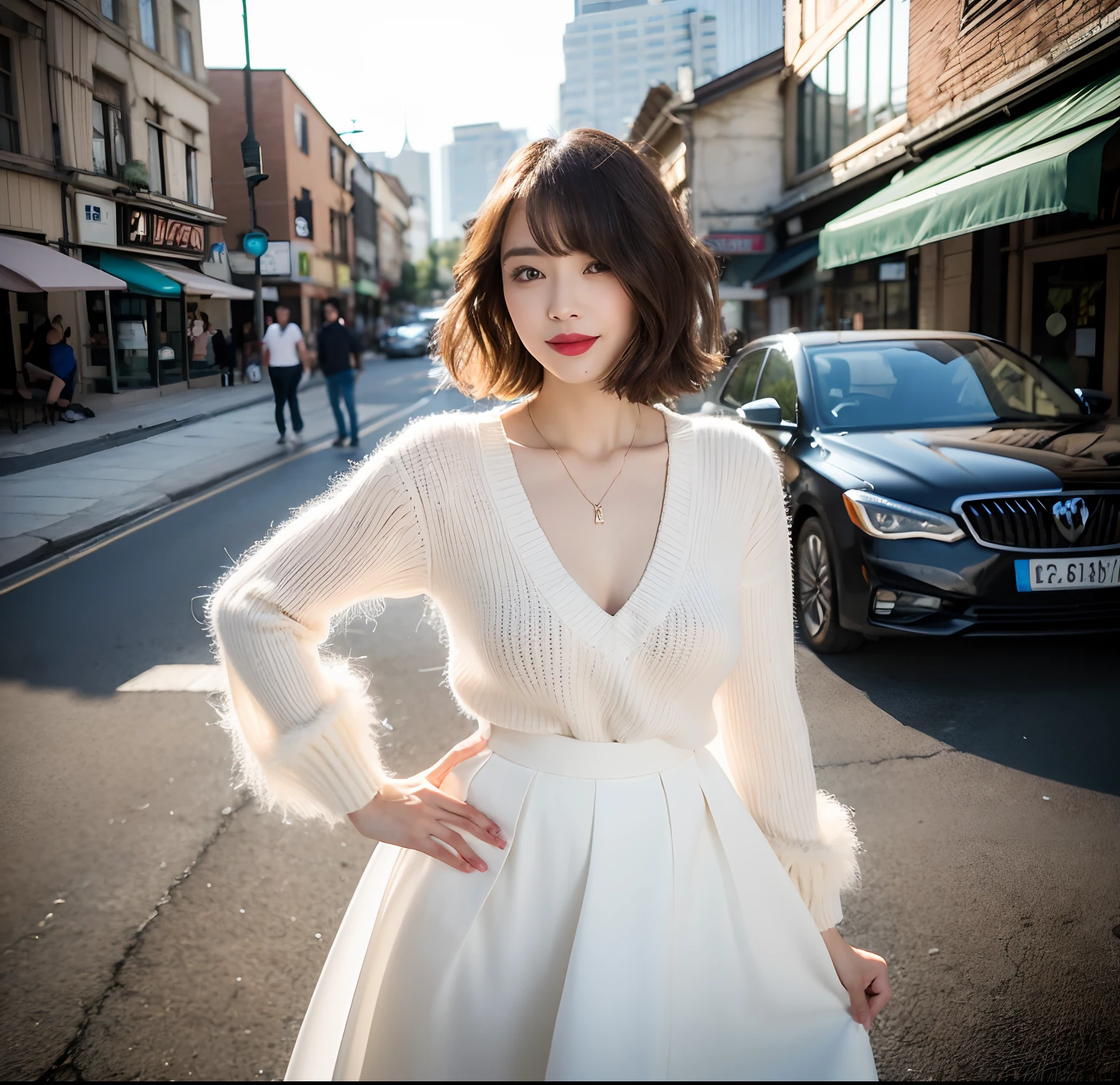 ((8k RAW photo, Best Quality)), ((masutepiece)), 超A high resolution, Film grain, filmg,( 20yr old, Slender face, 1girl in, slanted eye, eyesight, long eyelashes, Eye Highlights), Looking at Viewer, Natural Skin Texture, A perfectly proportioned face, realistic eyes and face details, Full lips, lip stick, (makeup), Red eyeshadow, Perm Hair, Fluffy short hair, hair messy, Smile, closes mouth, Beautiful legs, Tall lady, skinny, slim_Legs, Solo, huge-breasted, cleavage, Ultra short skirt, Ass, Shirt, (Urban Location), (Detailed background), ((White long-sleeved knit)), huge-breasted, cleavage, lowfers, Blurry background, Blurry, Short sleeves, Brown hair, Bangs, a necklace, Parted lips, Lips, From Side, depth of fields