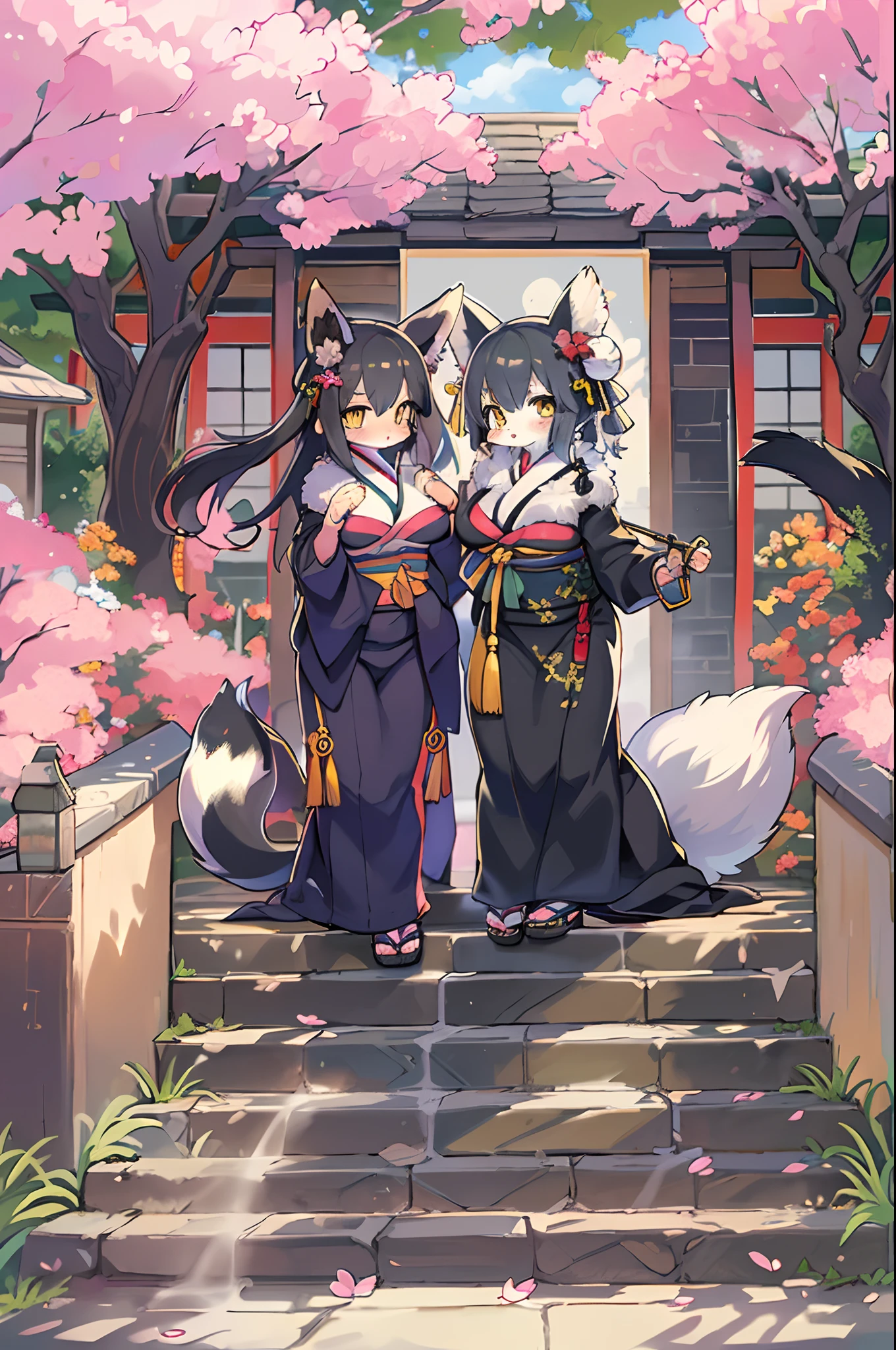 ((masutepiece,Best Quality)),2girls, Black kimono, Black legwear, a black ribbon, Black hair, cherryblossom, day, flower, Hair bun, Hair Ribbon, Komono, Kimono, Long hair, Looking at Viewer, Looking back , Multiple girls, Outdoors, bow ribbon, Sandals, single bun, stairs, Statue, torii gate, tree, Yellow eyes、body covered with fur、huge-breasted、thighs thighs thighs thighs,、bbw、big butts、Ultramammy、(((Fox Woman)))、body covered with fur、kawaii、lesbian、deep kissing