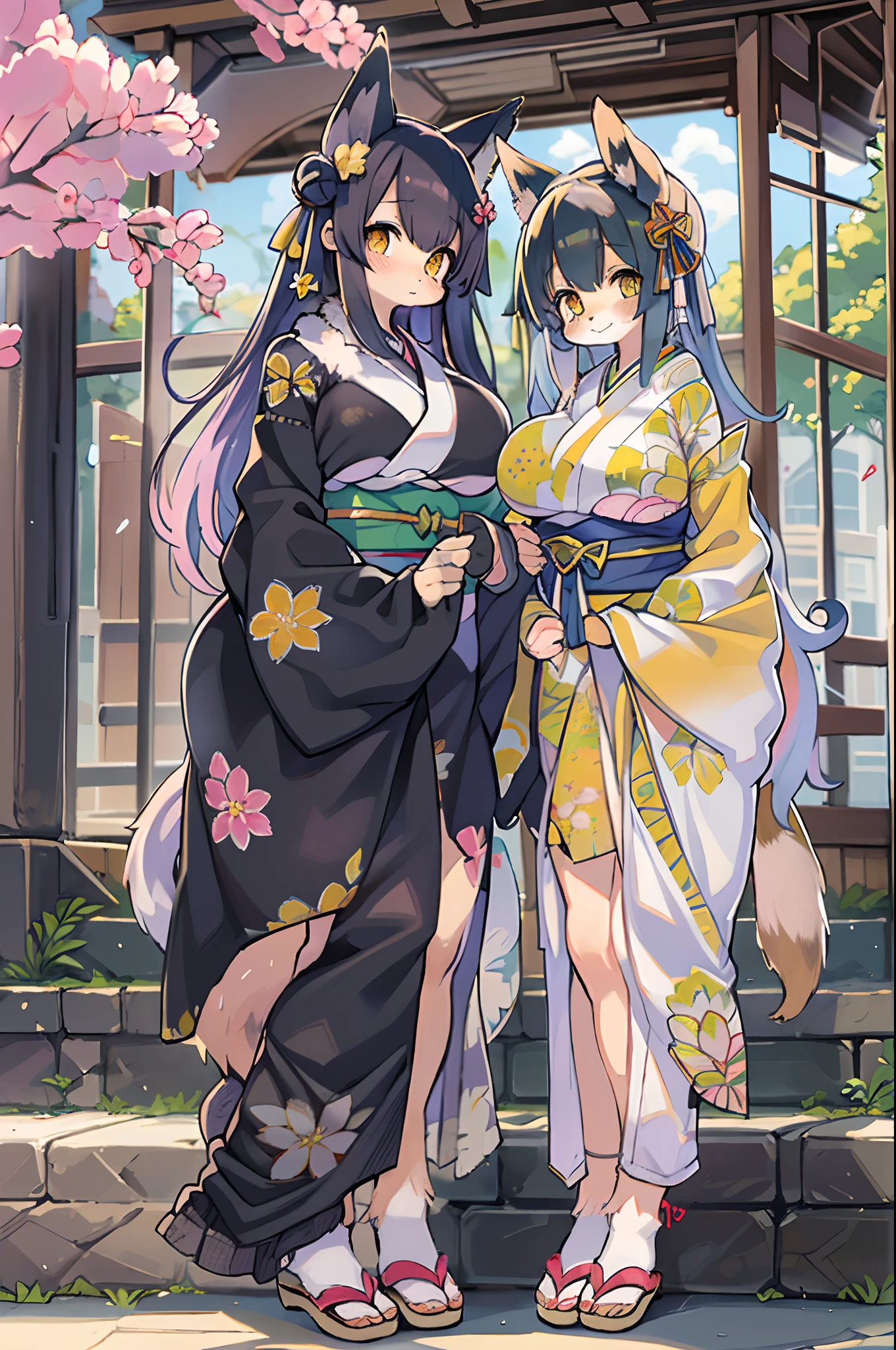((masutepiece,Best Quality)),2girls, Black kimono, Black legwear, a black ribbon, Black hair, cherryblossom, day, flower, Hair bun, Hair Ribbon, Komono, Kimono, Long hair, Looking at Viewer, Looking back , Multiple girls, Outdoors, bow ribbon, Sandals, single bun, stairs, Statue, torii gate, tree, Yellow eyes、body covered with fur、huge-breasted、thighs thighs thighs thighs,、bbw、big butts、Ultramammy、(((Fox Woman)))、body covered with fur、kawaii、lesbian、deep kissing