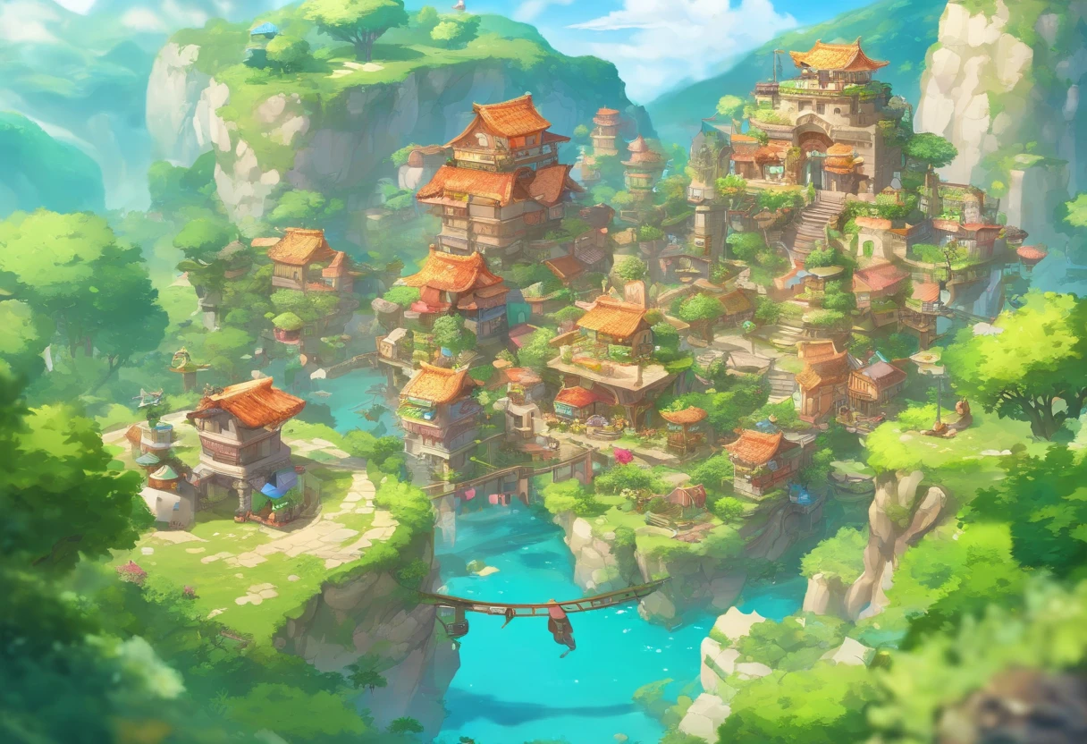 floating island, Decaying ruined cities and land in the sky, where once a prosperous city was formed, but the buildings made of stone and wood have decayed and are dominated by the life force of plants and trees. Collapsed and collapsed buildings, Collapsed roof, Ancient ruins, uninhabited, a paradise for birds, Artificial fountains, overhead view from a distance, angles from the sky, fantasy worlds,