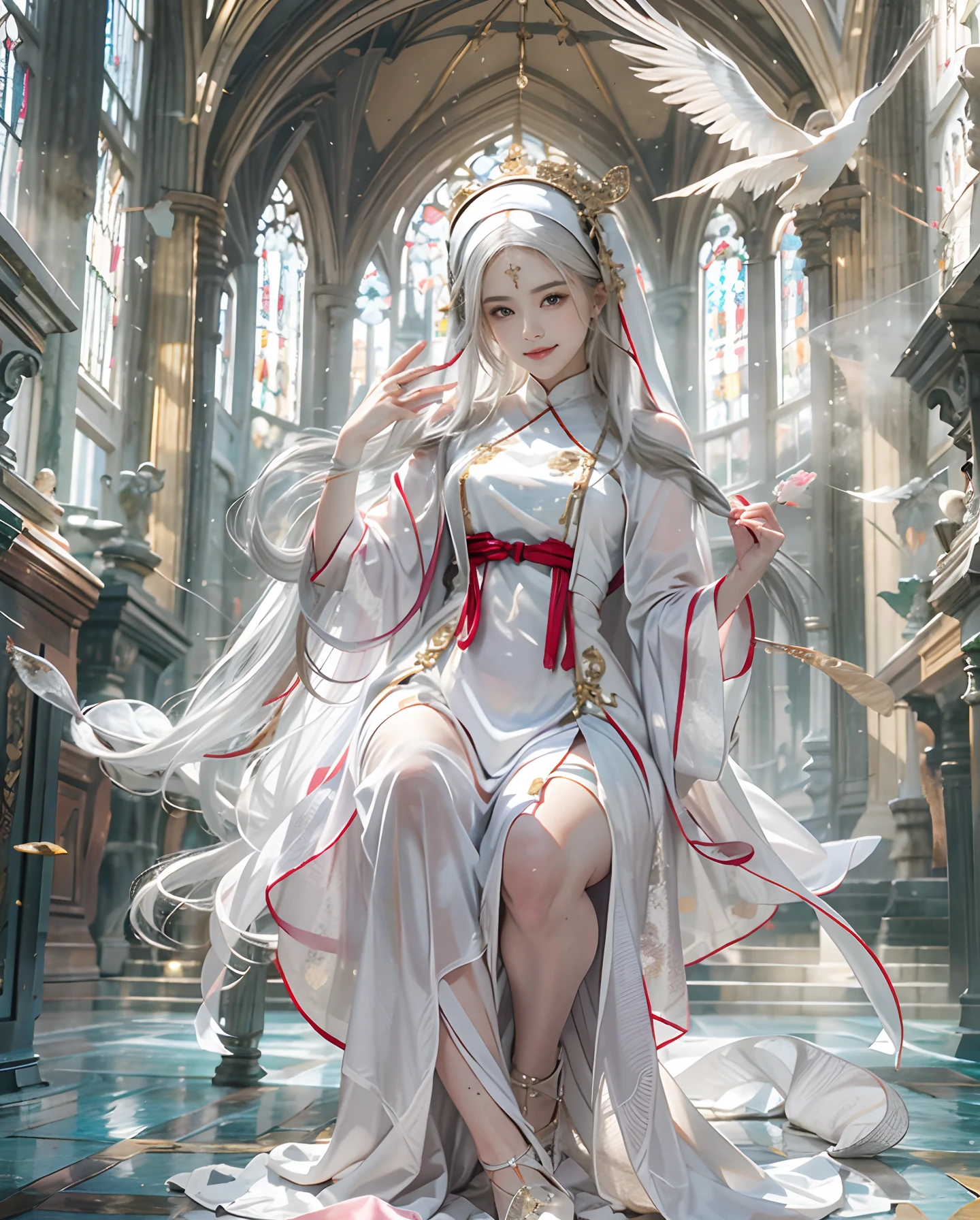 masutepiece、hight resolution、Nun costume、２５Old Female、１girl with、Look at the viewer、smil、Okappa、The background is a monastery、Beautiful stained glass、the skin is white and transparent、Beautiful nun praying to God、Angel Smile、the skin is white and transparent、Paws are thin and beautiful,high-heels、I don't need a plaque、Feathers are not needed、