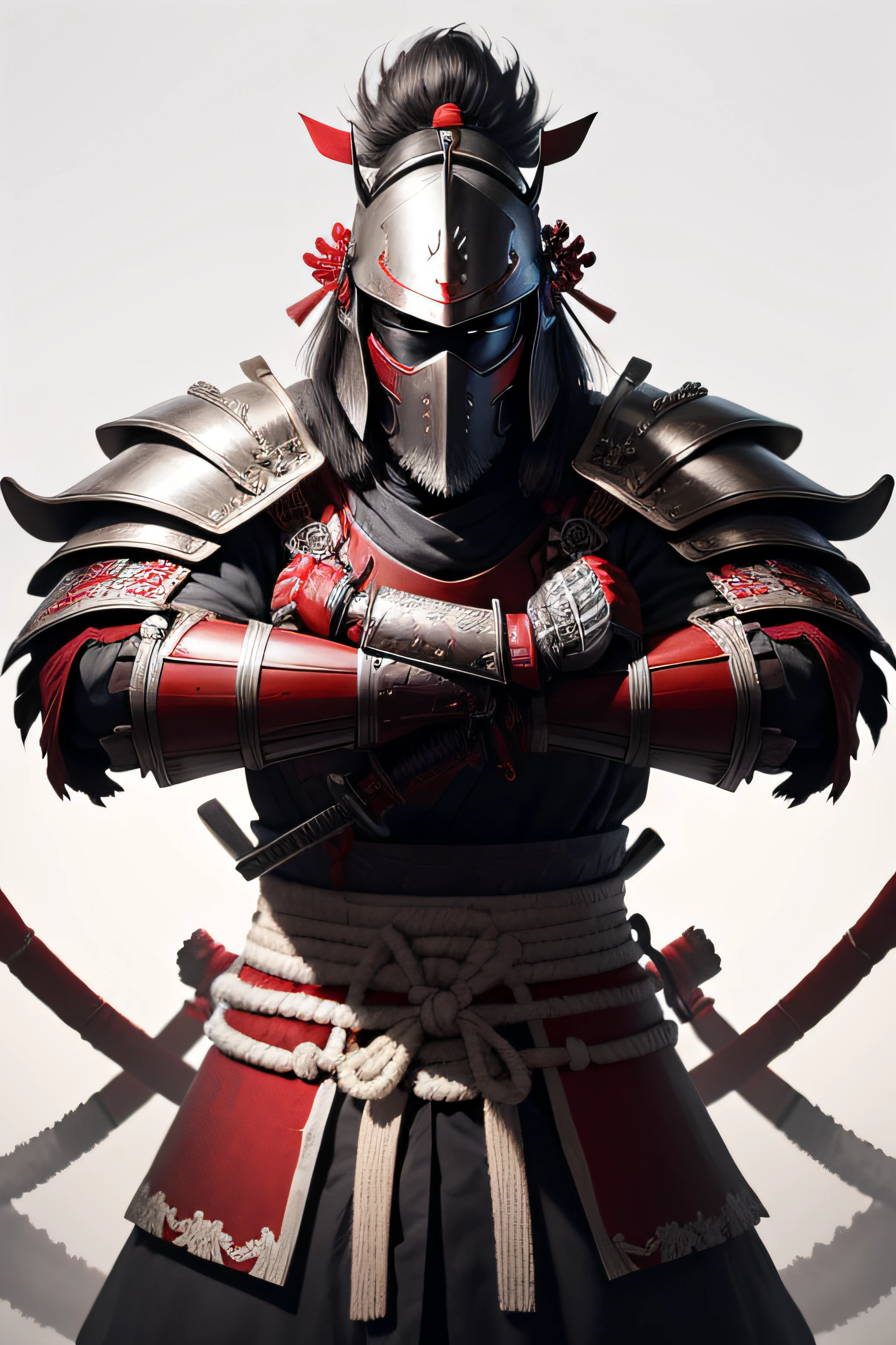 white background, Samurai with cover face, big samurai hay, red samurai armor, 2 sword on his back.