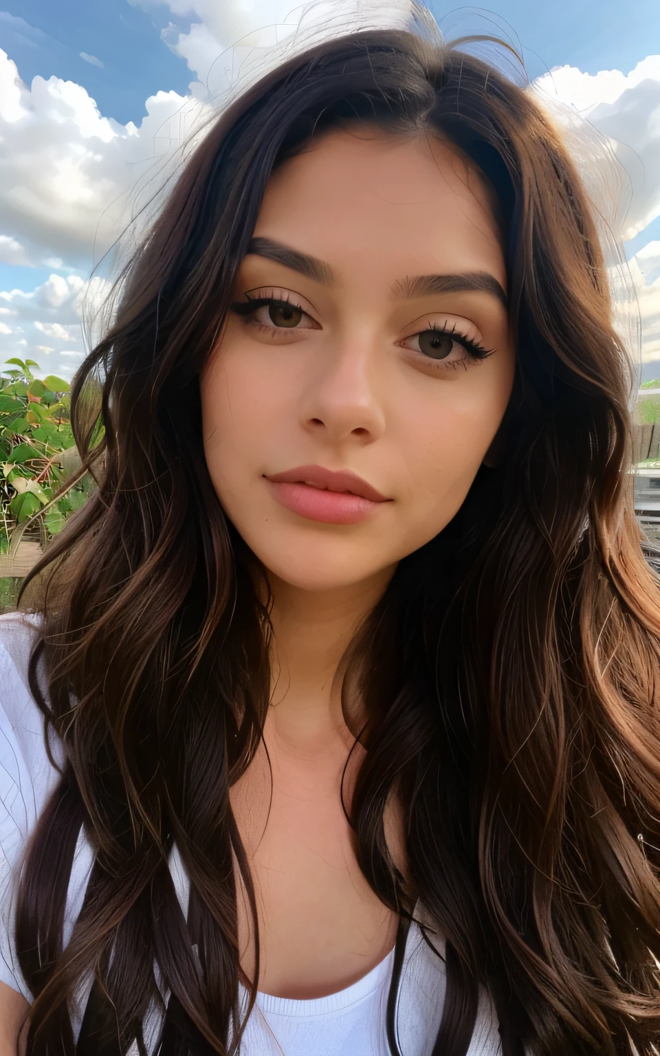 realistic passport like picture, beautiful woman, black hair, forest-green eyes, plump rosy lips, small button nose, light freckles, angelic face, long thick lashes, perfectly shaped thick brows, tanned, big volume curls