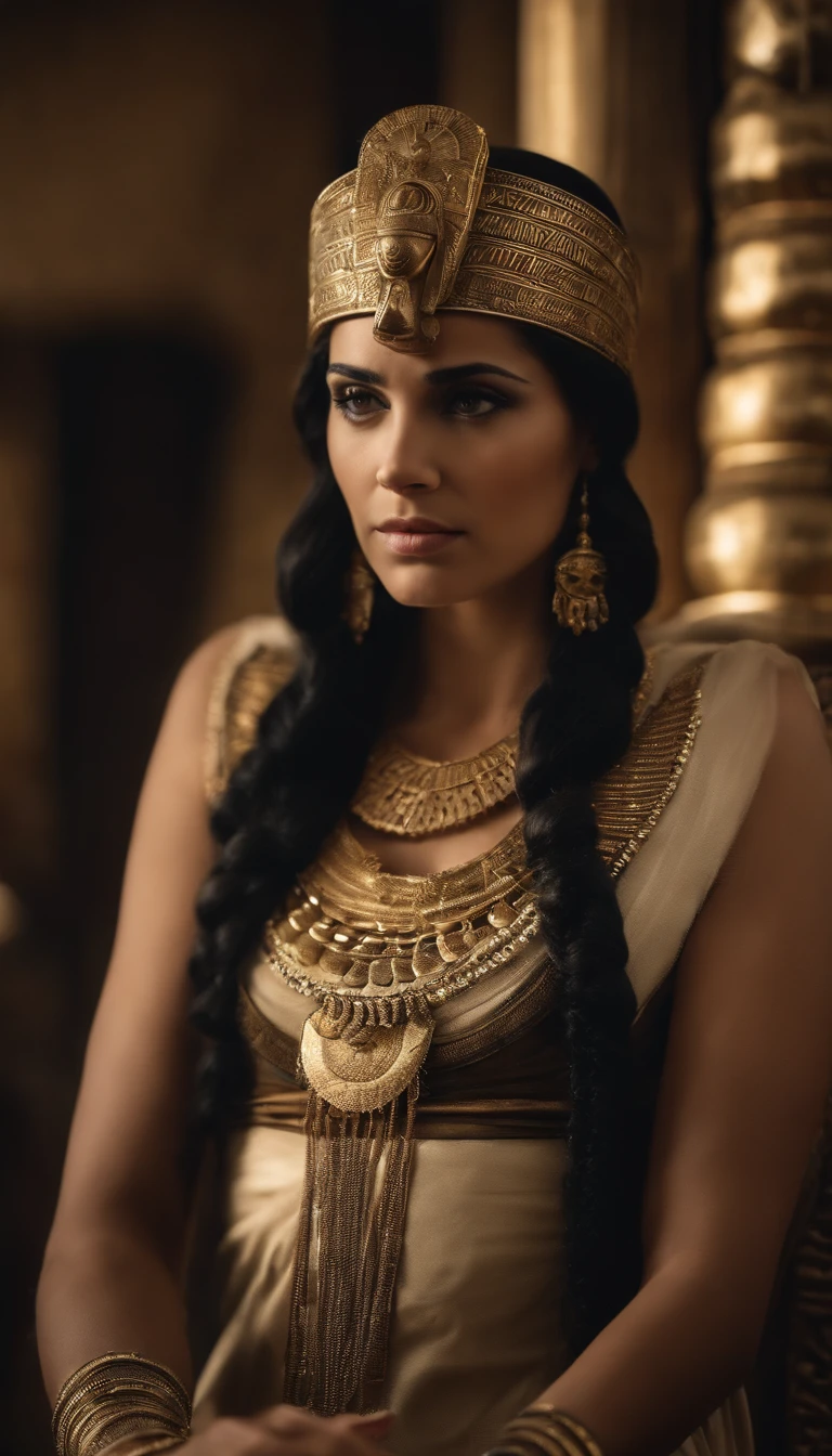 cleopatra full body, dressed with a sensual, elegant and lusty flowing tunic, tunic to the feet ,  assainsation highly detailed, professional digital painting, unreal engine 5, photorealism, full face,full body, hd quality, 8k resolution, cinema 4d, 3d, , symmetrical professional photography