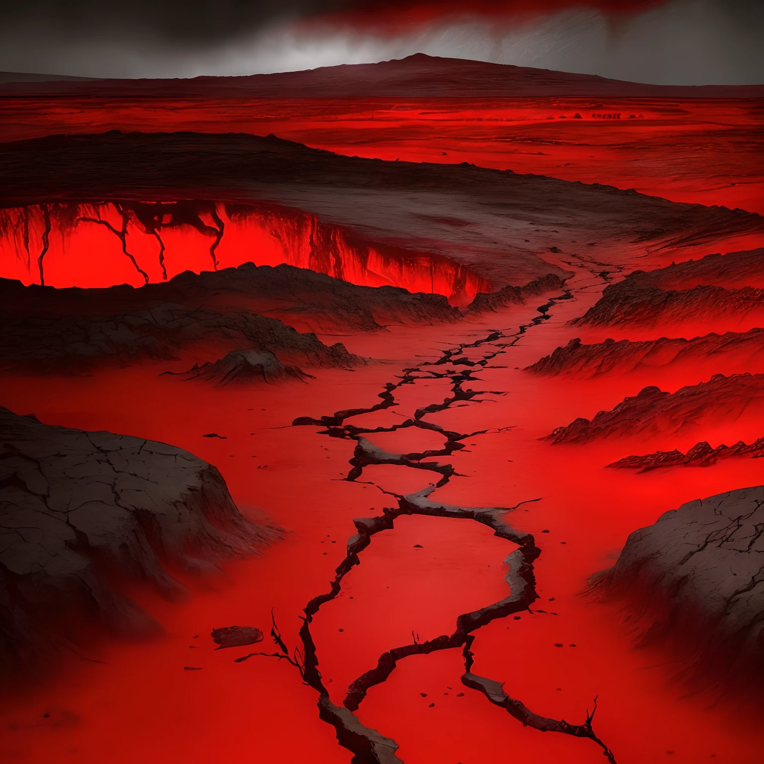 Blood red, dark gloomy barren landscape, skeletons, lava rivers, fissures, earth cracked