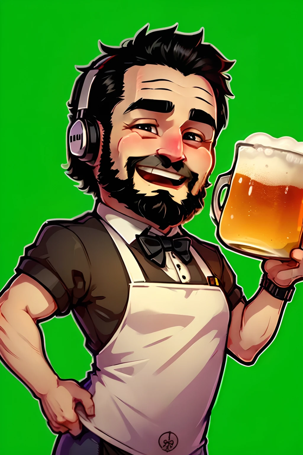 a stickers ,  man  who is a bartender. black short hair and beard  using a gaming headset. He has a friendly face and wears a bartender's uniform, complete with apron and bow tie, he holds a mug of frothy beer, represented with vibrant colors as laughing out loud, big eyes and a welcoming appearance. chibbi anime style. White background