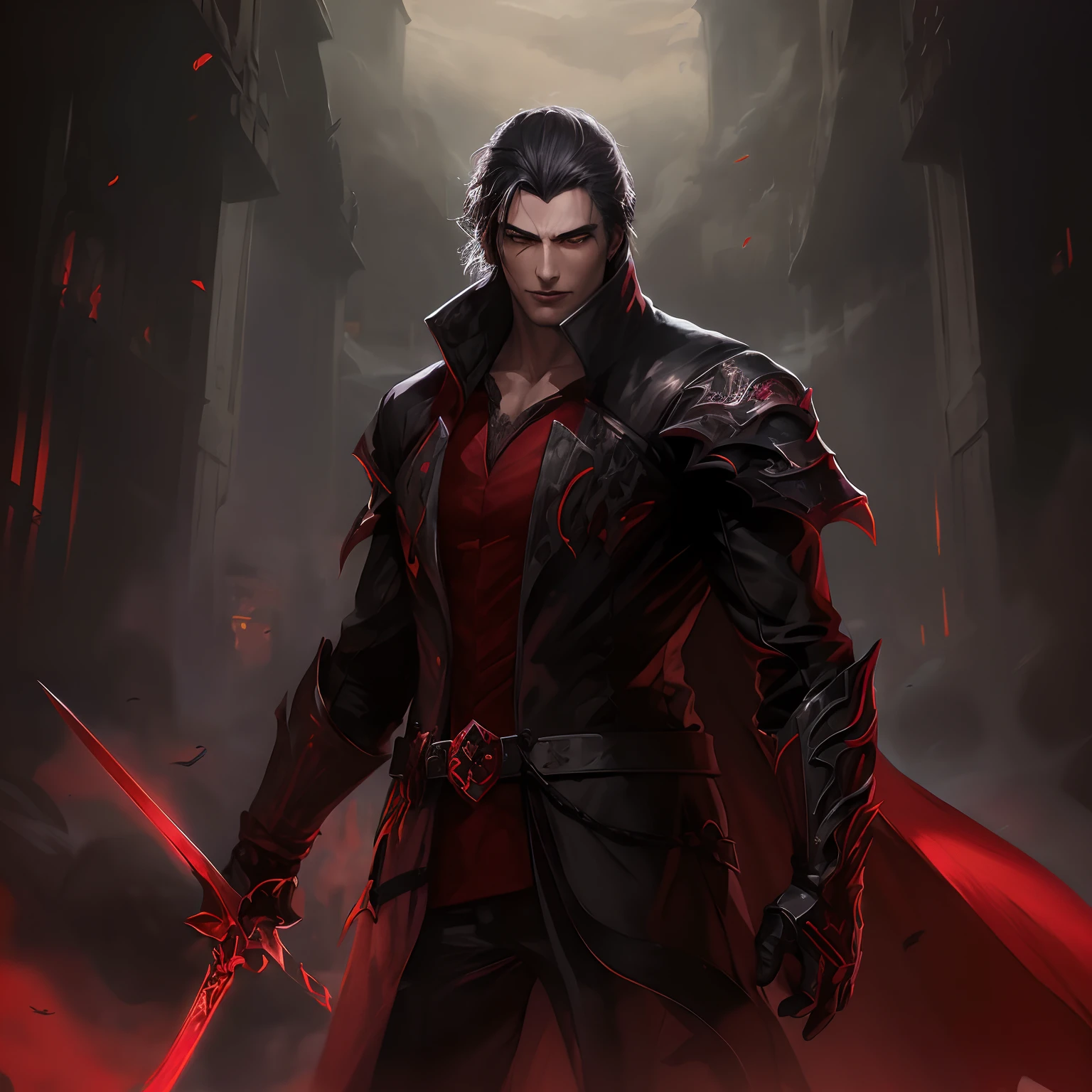 arafed image of a man with a sword in a dark city, male vampire of clan banu haqim, son of sparda, sylas, alucard, by Yang J, vampire of clan lasombra, male vampire, trendin on artstation, iconic character splash art, l vampire, g liulian art style, handsome male vampire
