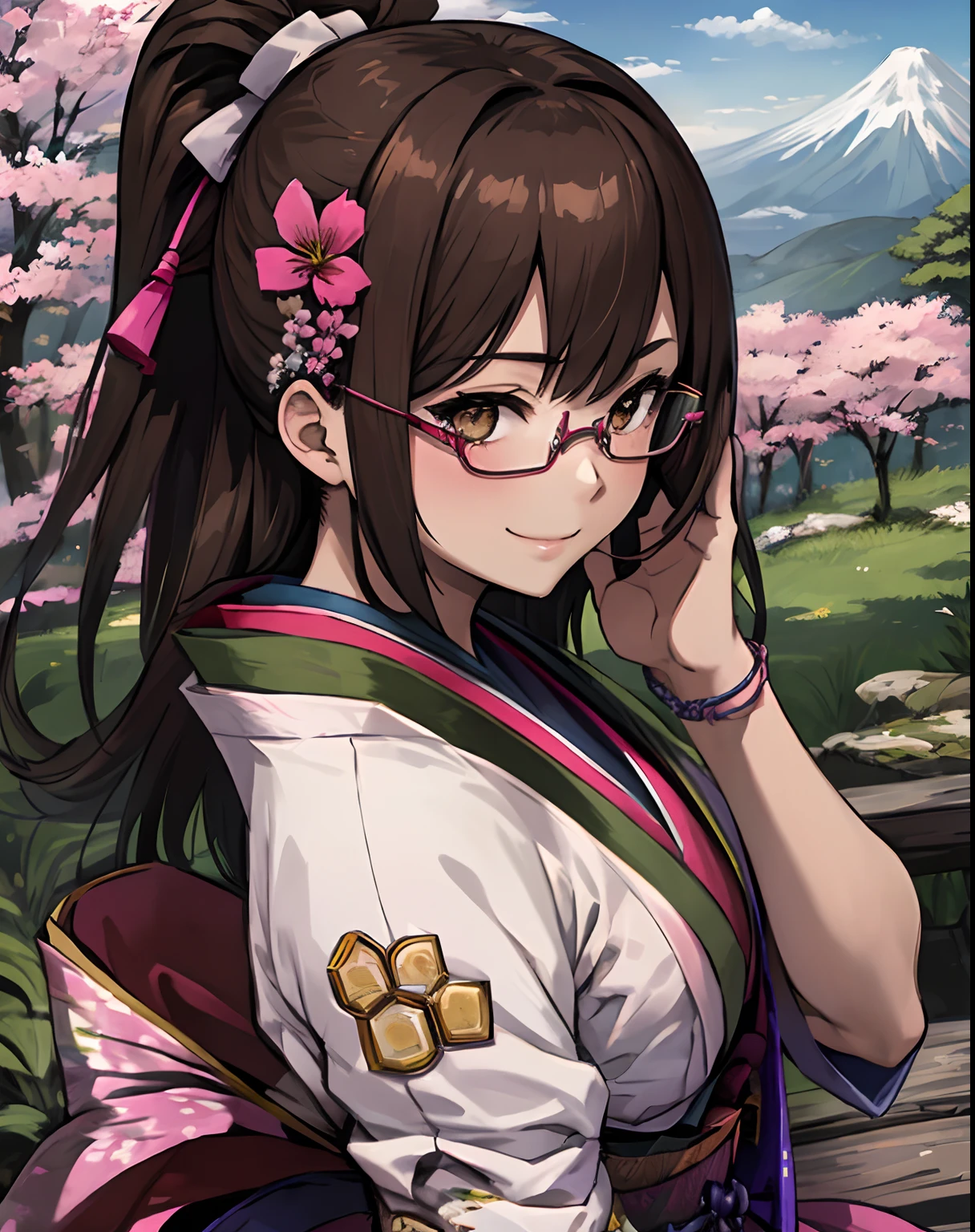 best quality, (masterpiece:1.2), illustration, absurdres, bright colors, vivid colors,
(1girl), (solo), (beautiful detailed girl), 
Oichi, brown hair, ponytail, hair ornament, brown eyes, medium breasts,
pink dress, japanese clothes, long kimono, short sleeves, tabi socks, sandals,
magical forest, flowers, distant mountains, sky, clouds,
looking at viewer, confident, gentle smile,
sitting,  (upper body, portrait), ((rimless eyewear:1.2))