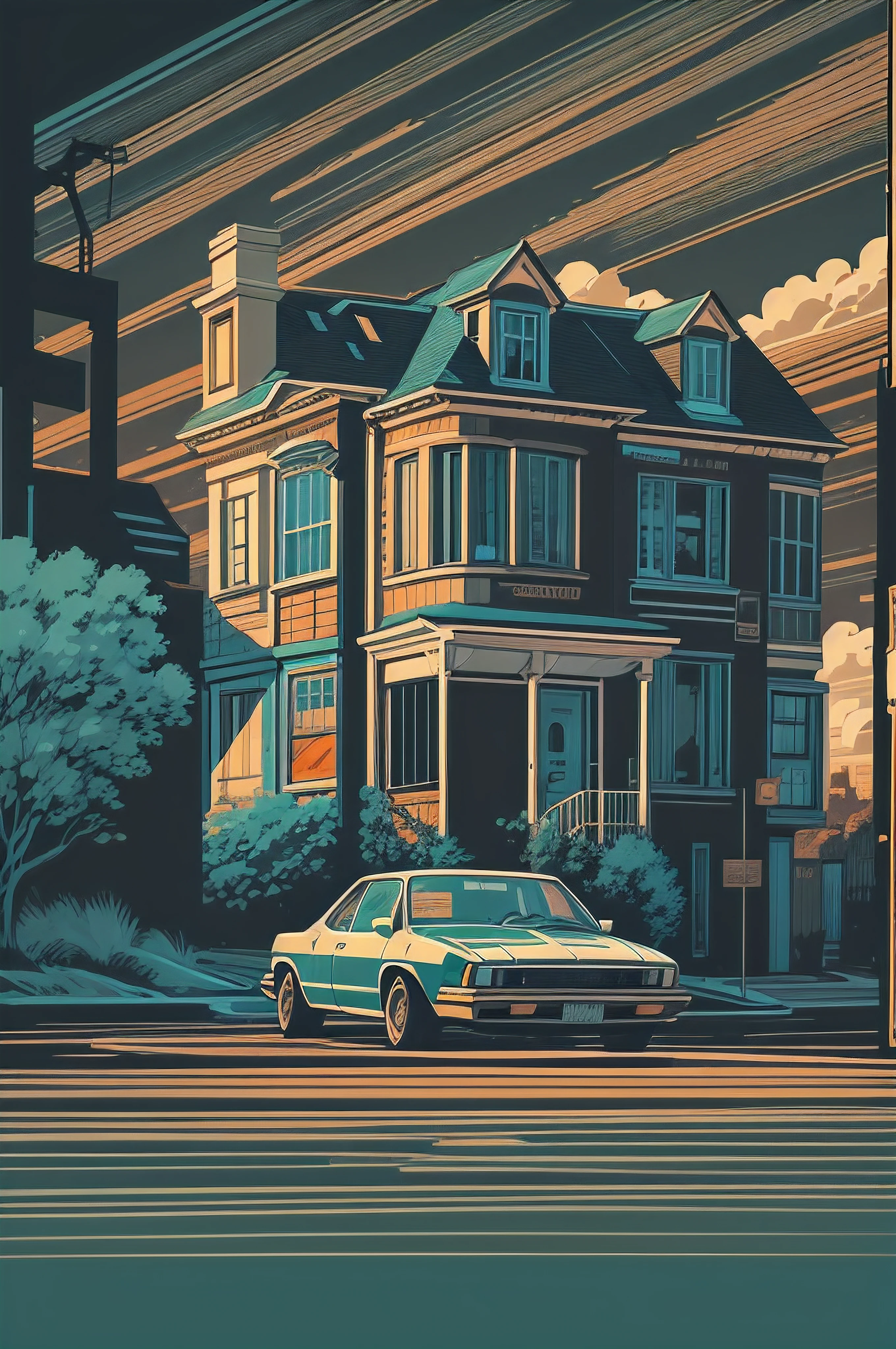 flat illustration, 80s art, houses on street, VHS cover, graphic, vector, (Style of Dan Mumford and Drew Struzan :0.3) masterpiece, poster, minimalist