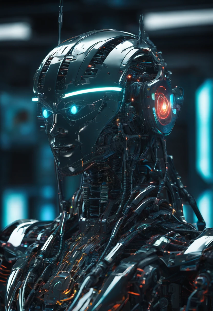 Translucent Film Still (Cybernetic Robotic Semi:1.5), (Glowing Veins:1.3) (Cables Going Into Body, Circuitry:1.3), Highly Detailed, Vignette, Highly Detailed, High Budget, Bokeh, Moody, Awesome, Nice, Film Grain, Grainy Masterpiece Realistic, Top Quality, Perfect detail, intricate details, nice lighting, detailed backgrounds, detailed