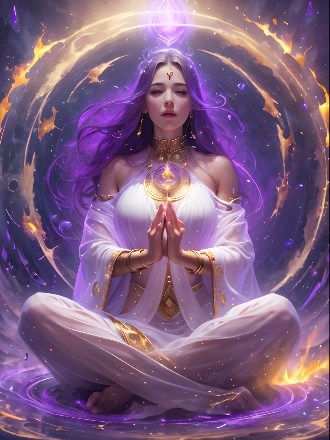 Immortal goddess, super beautiful, 8k, super big breasts, meditating, light white cloth covering part of her body, sitting cross-legged, golden glowing magic circle rotating behind her, magical violet aura surrounding her parts, magical, fantasy, milky way background, (4  elements, fire, water, wind, earth, surround it),