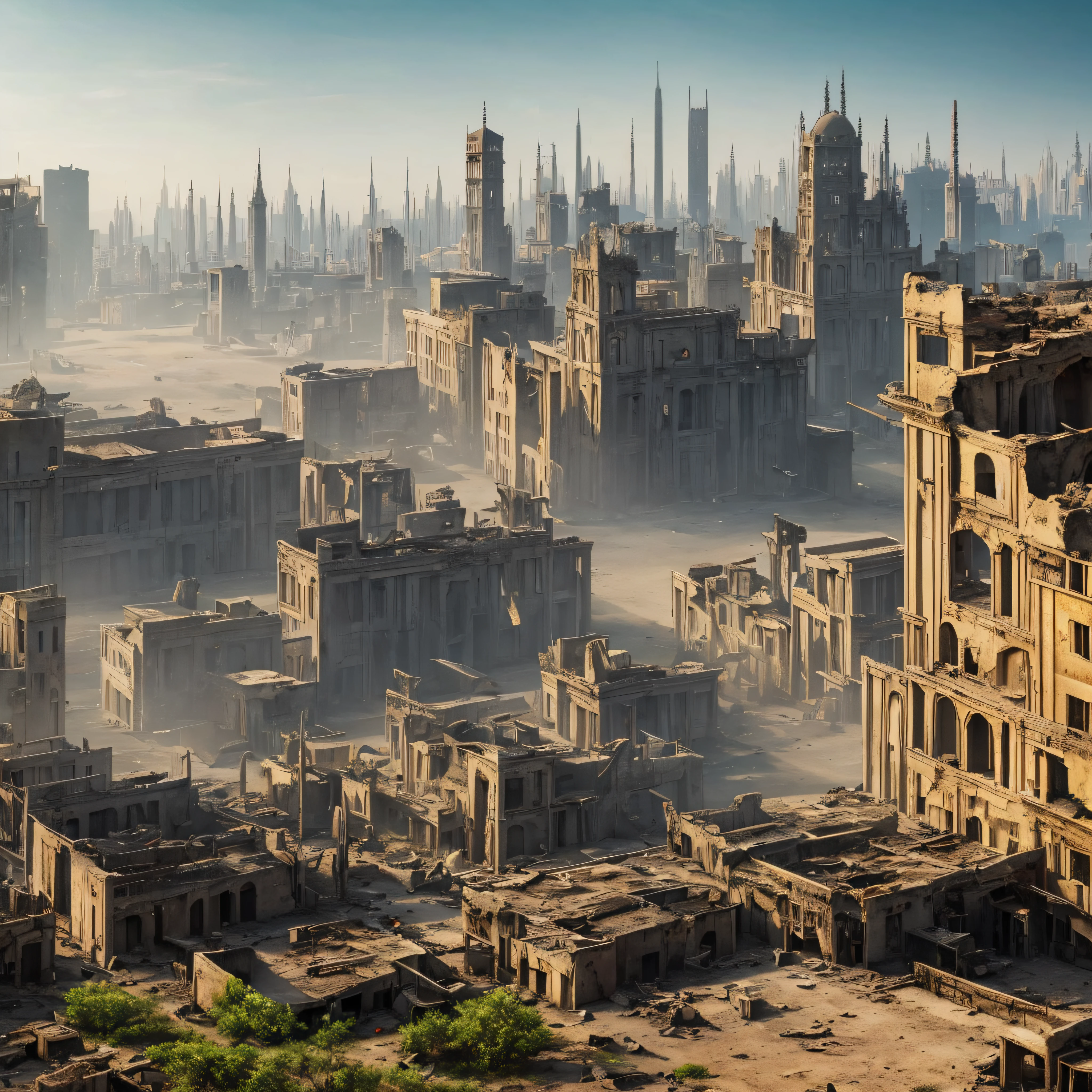A pale yellow ruin,dense smoke,Damaged buildings,Wasteland,,hyper HD, Masterpiece, ccurate, Super detail, High details, Award-Awarded, A high resolution, Best quality, 8K