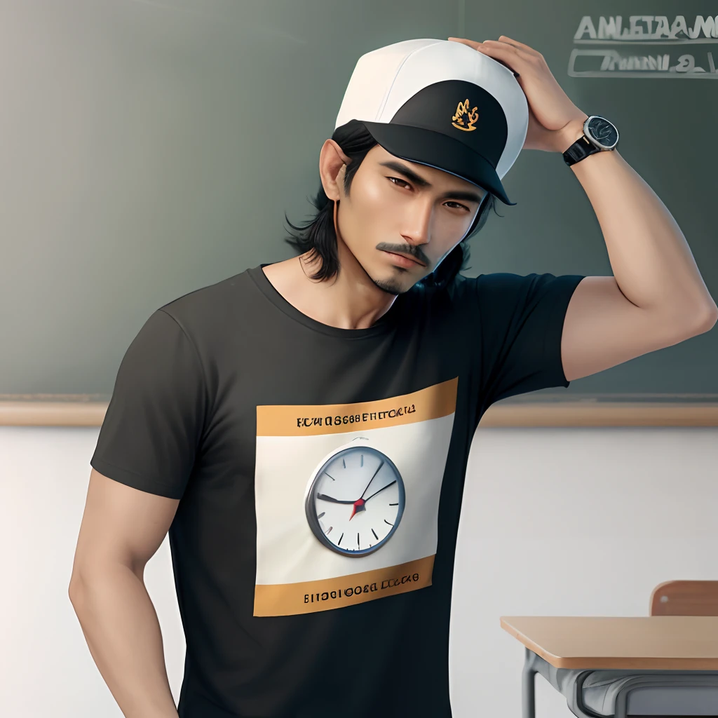 Indian style man ,wearing t shirt and cap and watch, 90 degree angle like teacher