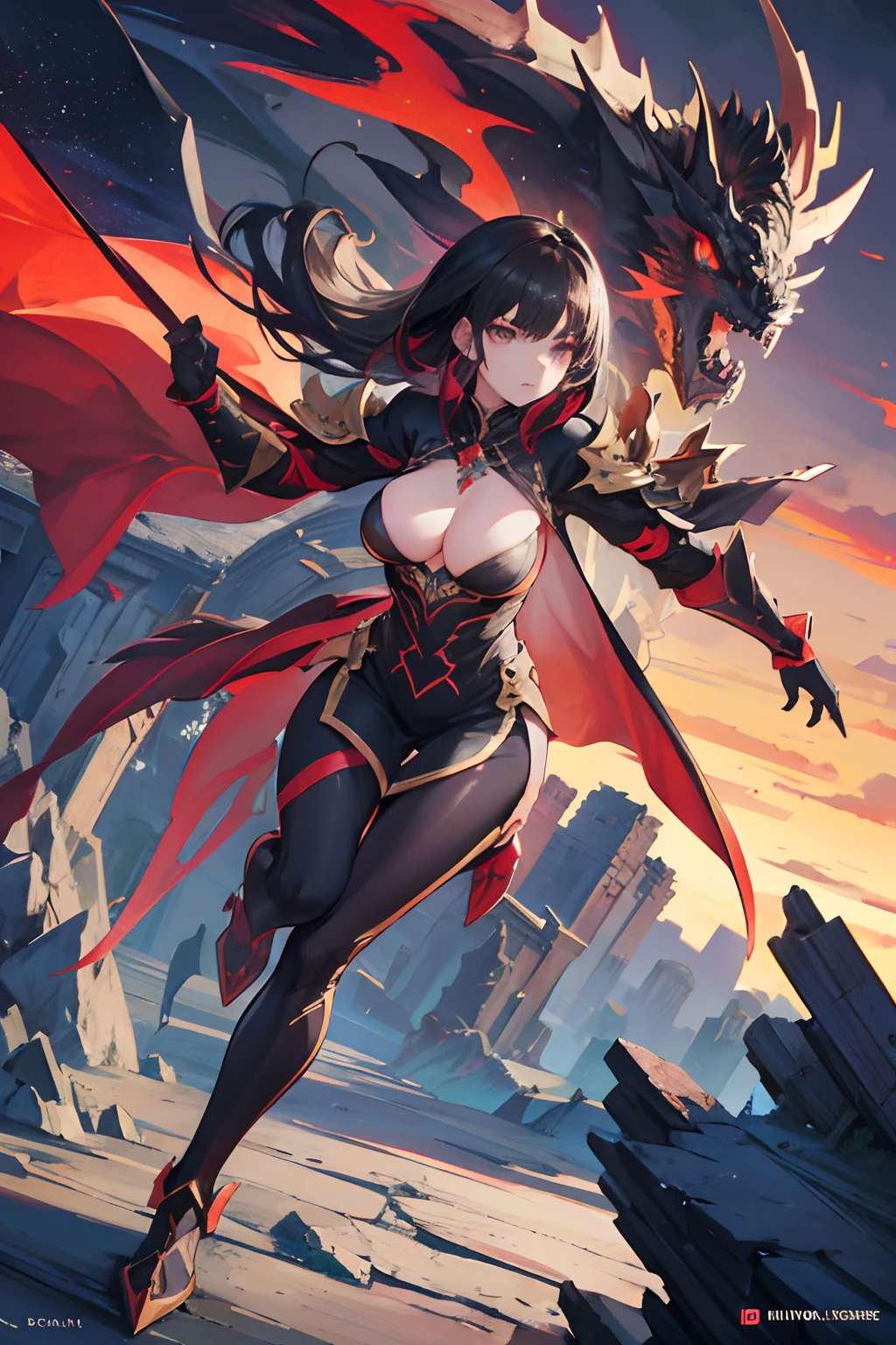On a huge stone castle，Half-dragon girl with dark hair，The body is covered with scales，Amber pupils，Stand up on stone，Full body detail 4K，Dreamlike，and its detailed full-body detail 4K