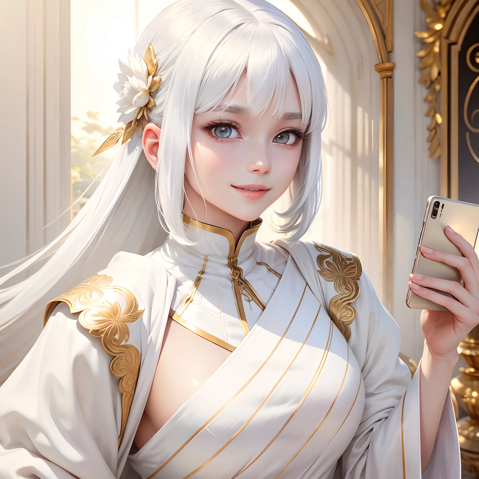 best quality, white hair, gold eyes, white clothes, looking up, upper body, hair strand, Fair skin, smiling, Smartphone