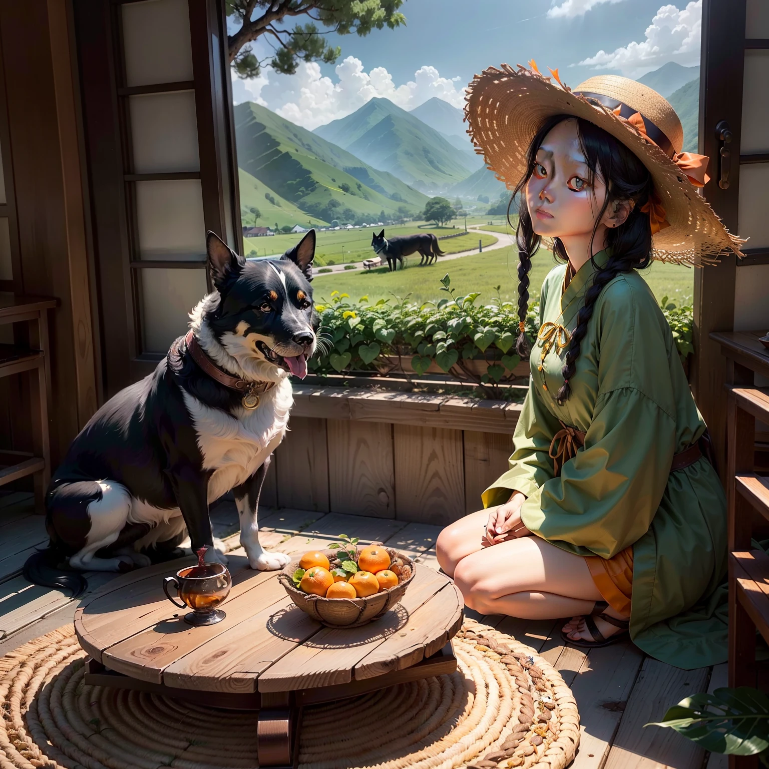 I looked up，See the green mountains，Bow down reverently。Seven coins were placed in the straw hat。Orange tree，A way home。A black dog，Pick up the bones on the edge of the wine table。