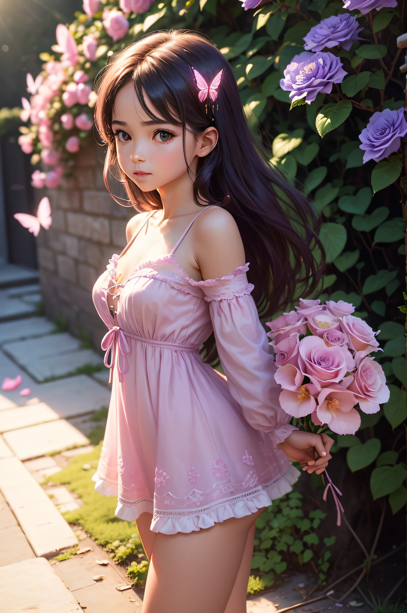 There are many violet roses growing on a bush in the sun, roses in cinematic light, renderizado em povray, renderizado em maia e houdini, renderizado em Arnold, rosas, Renderizado em Houdini, fundo das rosas, rosas e flores de samambaia exuberantes, renderizado no motor arnold, renderizado no iluminado pro, Beautiful composition 3 - 8K, renderizado em lumion, ((Beautiful pink with delicate petals and colorful butterfly)|(rosa encantadora adornada com borboletas vibrante))