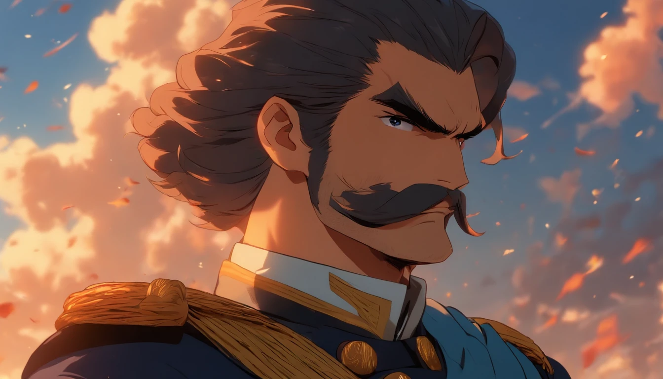 Create an image of a male Naval soldier with a thick mustache like Henry Cavill, standing tall and proud in a torn dark blue suit. He has long blue hair in top knot, round sunglasses. He is holding a flag in one hand and saluting with the other. The background is a clear blue sky with a few clouds. The soldier has a victorious expression on his face, and his mustache is neatly trimmed and tapered. The mood is victorious and the lighting is bright