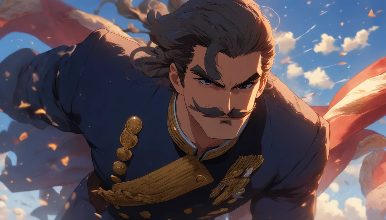 Create an image of a male Naval soldier with a thick mustache like Henry Cavill, standing tall and proud in a torn dark blue suit. He has long blue hair in top knot, round sunglasses. He is holding a flag in one hand and saluting with the other. The background is a clear blue sky with a few clouds. The soldier has a victorious expression on his face, and his mustache is neatly trimmed and tapered. The mood is victorious and the lighting is bright