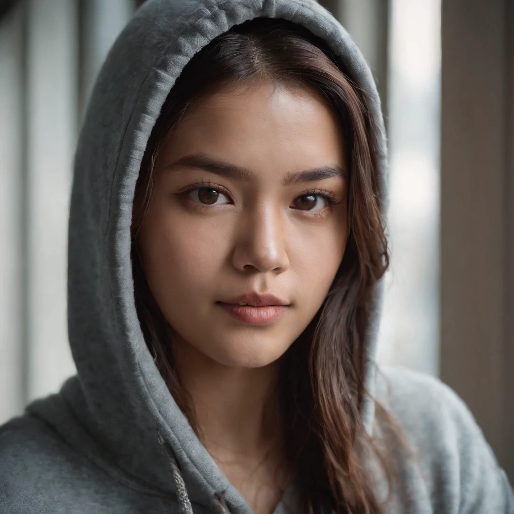 beautiful filipino slim college girl, wearing hoodie, looking at viewer, portrait, hyper detailed POV, by lee jeffries, nikon d850, film stock photograph ,4 kodak portra 400 ,camera f1.6 lens ,rich colors ,hyper realistic ,lifelike texture, dramatic lighting , cinestill 800,