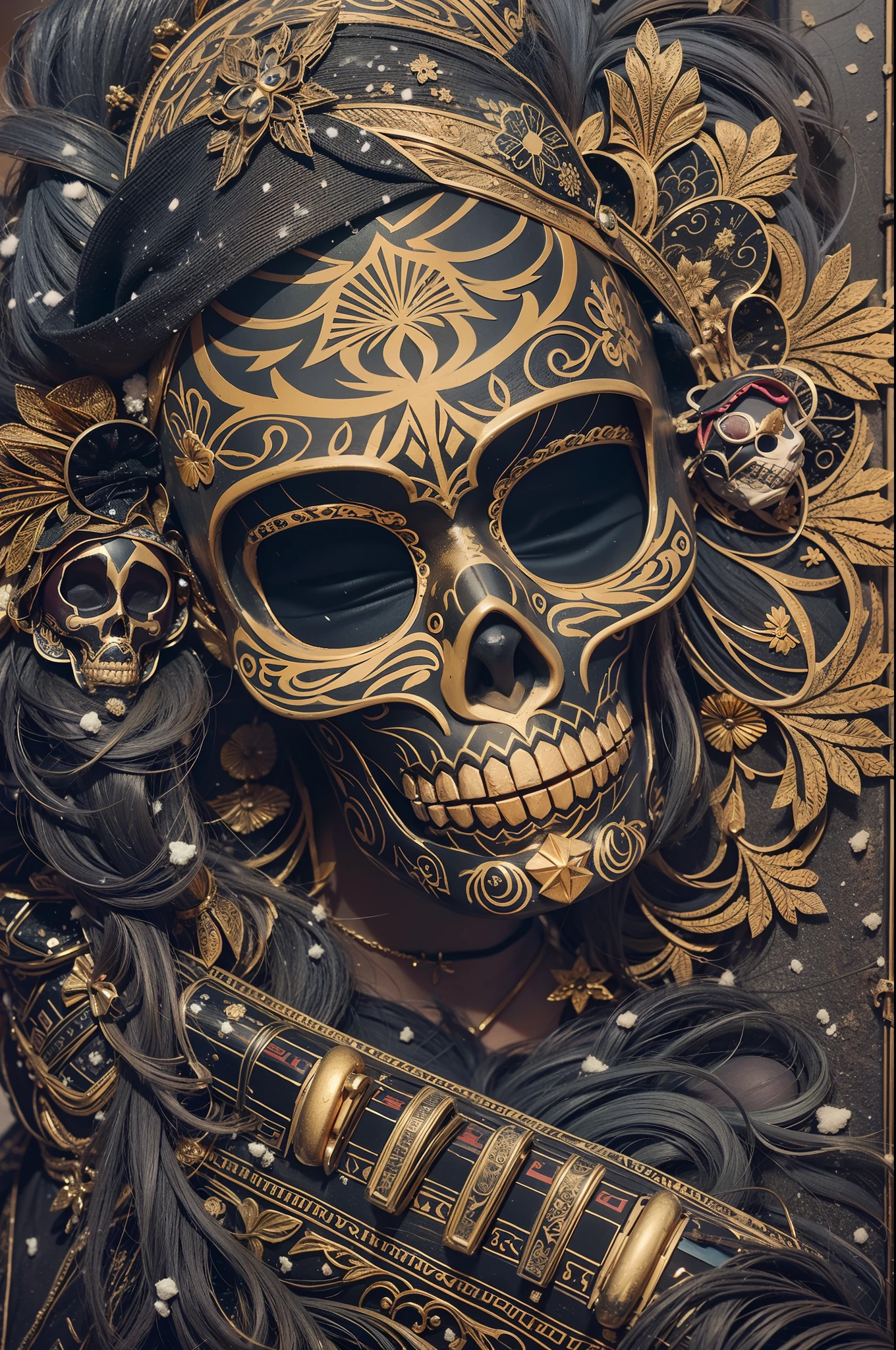 (Masterpiece, Best Quality), a "Muertos" with intricated Mask, black and gold , (Dia de los Muertos inspired), Hyperdetailed, winter, snowfall, cinematic, high_res