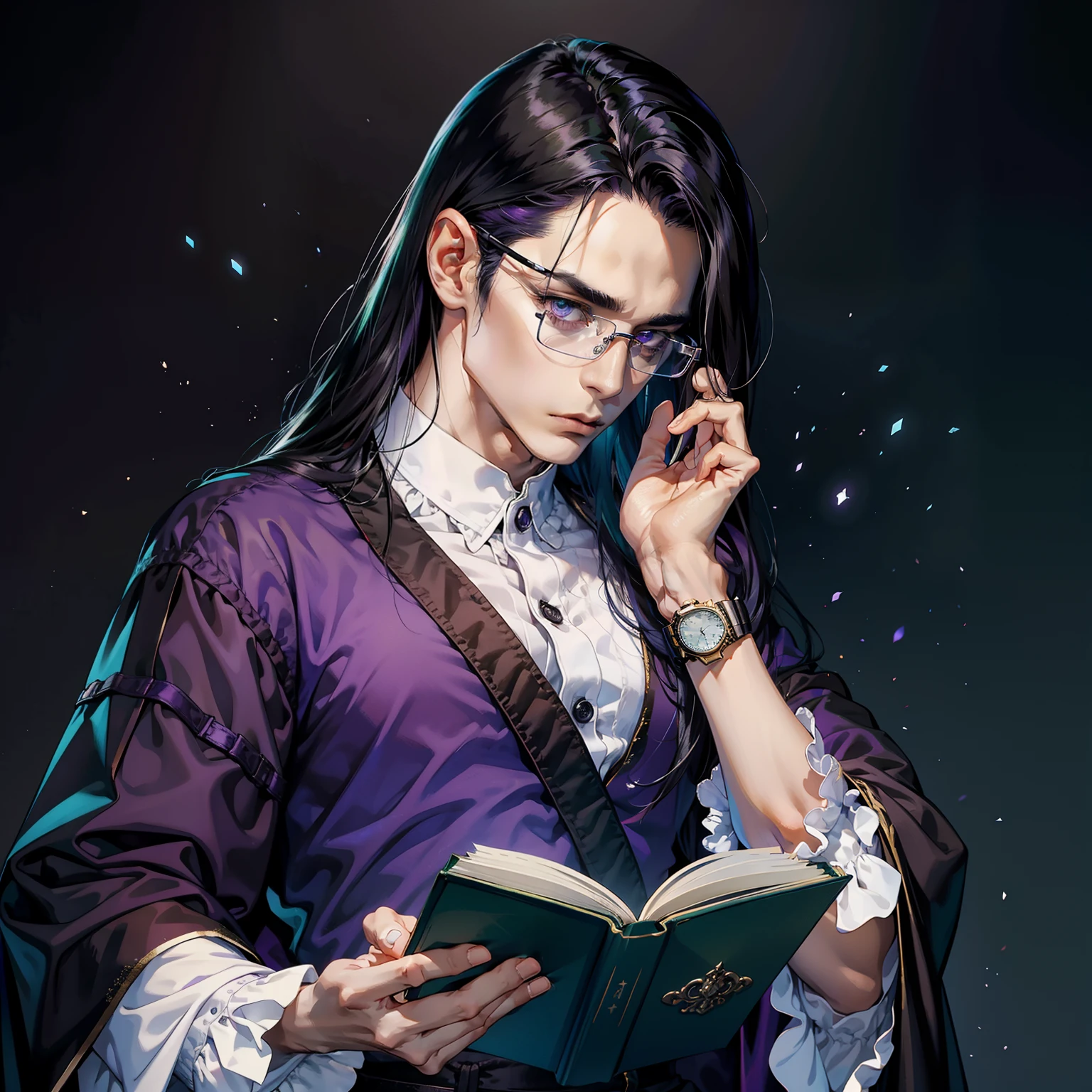 tmasterpiece,HighestQuali,Highest image quality,delicated,man,mtu,Lean man,Slim face,Worried expressions,respectable,ellegance,Pan,Distinguished long purple and black hair,Danfeng Eyes,green pupills,Square frame black glasses,Hold the glasses,Wearing a watch,Purple and black robes,Book in hand,Complex motion