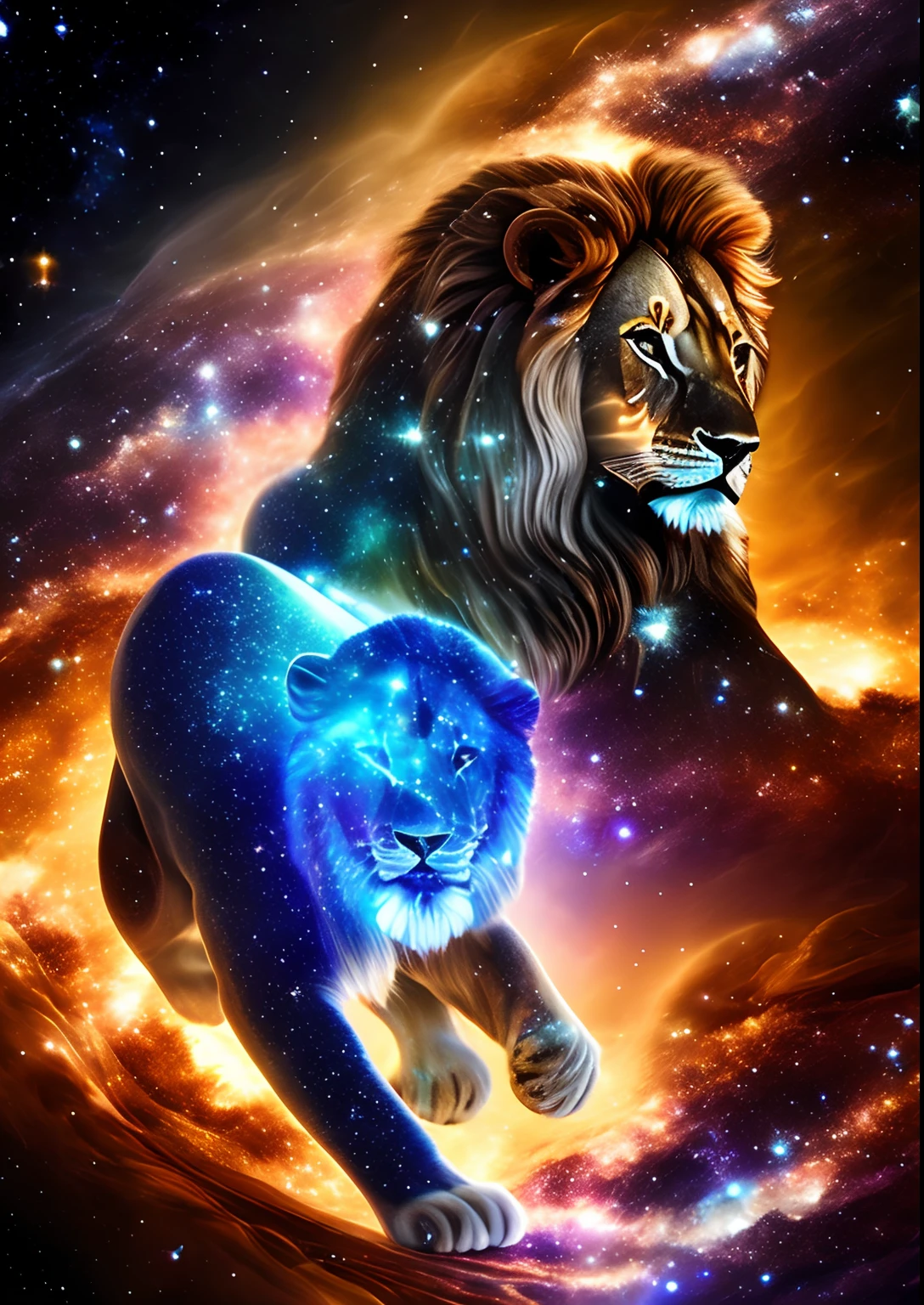 Complex clear glass interstellar nebulae [lions] Made of galaxies,  Flora and fauna,  Hyper-Realistic,  ultra-detail,  Elegant,  Beautiful,  1 Tail