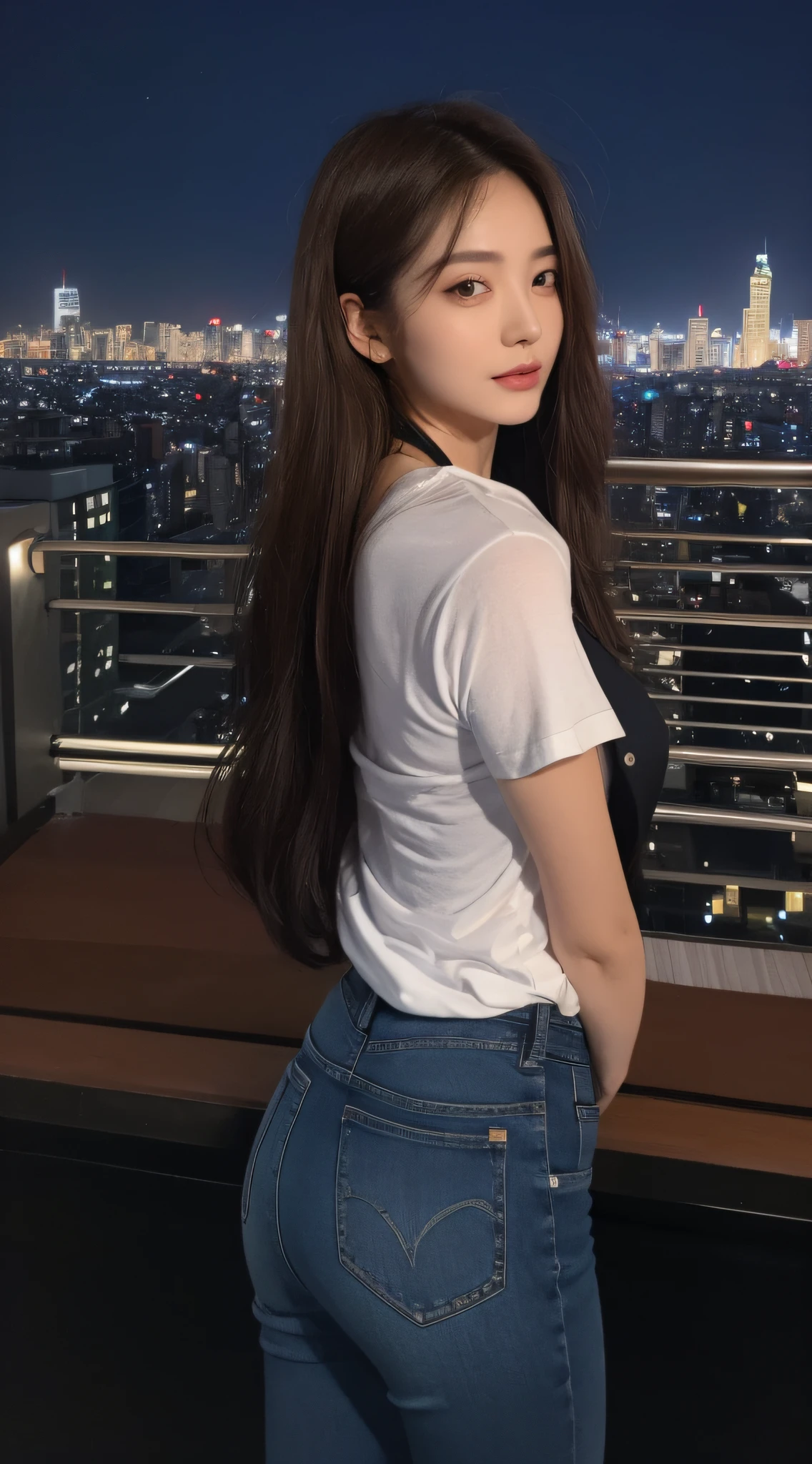 ((Midnight, Best quality, 8k, Masterpiece :1.3)), Whole body, Long legs, Sharp focus :1.2, A pretty woman with perfect figure :1.4, Slender abs :1.1, ((Dark brown hair, Big breasts :1.2)), (White tight tshirt, Jean bib, Standing:1.2), ((Night city view, Rooftop:1.3)), Highly detailed face and skin texture, Detailed eyes, Double eyelid