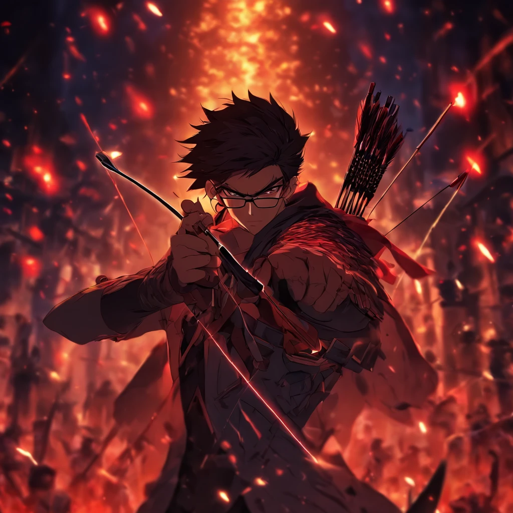 a male agent with a bow and arrow, he has eyeglasses and the lenses are about to break, standing alone after killing enemies in his perimeter, the scene is full of blood and dead enemies that he killed