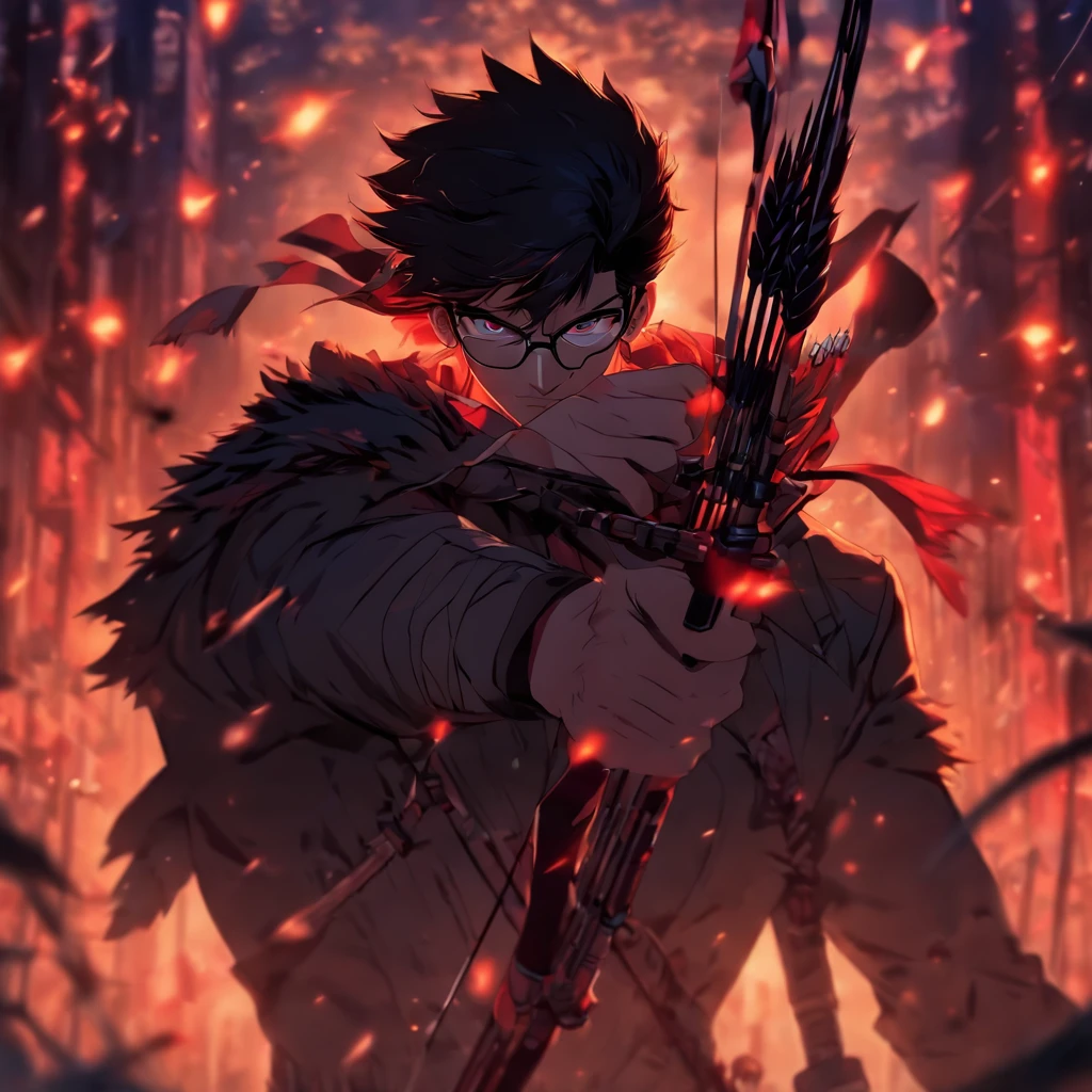 a male agent with a bow and arrow, he has eyeglasses and the lenses are about to break, standing alone after killing enemies in his perimeter, the scene is full of blood and dead enemies that he killed