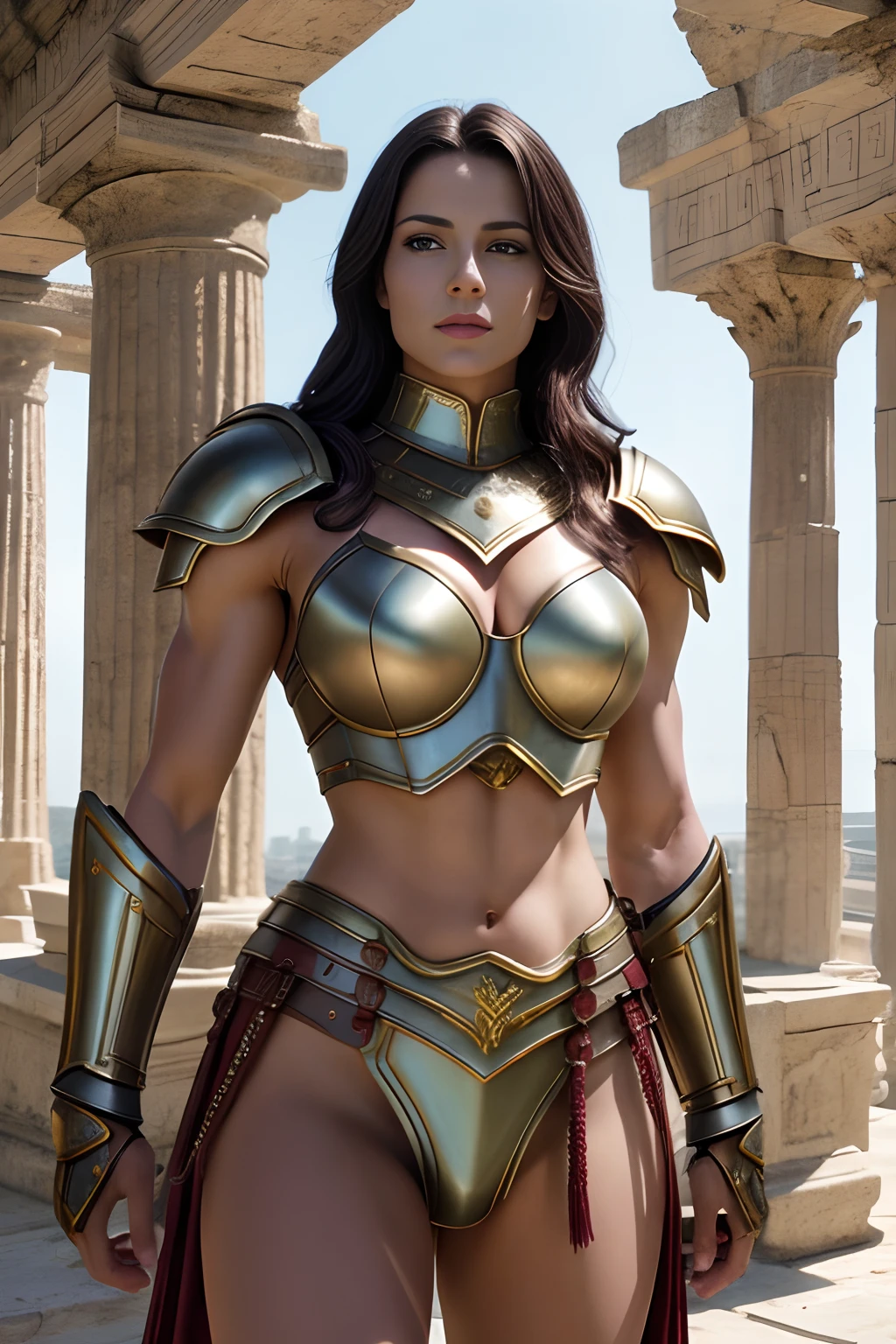 (Highest Quality: 1.4), (the best ever), (Ultra High Quality), (Ultra realistic 8K CG), Official art, Pose Seductive, Female gladiators, a beautiful woman warrior, (Alyssa Sutherland:Janine Garofalo:0.5), Amazingly beautiful cute face, Detailed armor and gauntlets, black and short untidy hair, muscular_Body: 1.4, Highly detailed breastplate, Taut , White skin, Toned abs, toned thighs, Ancient Roman city background, Sunlight creates beautiful shadow gradients、Adds depth to the image, (Light colors, dim colors, Light tones: 1.3) , Low saturation, (Hyper-detailing: 1.2), Perfect ,