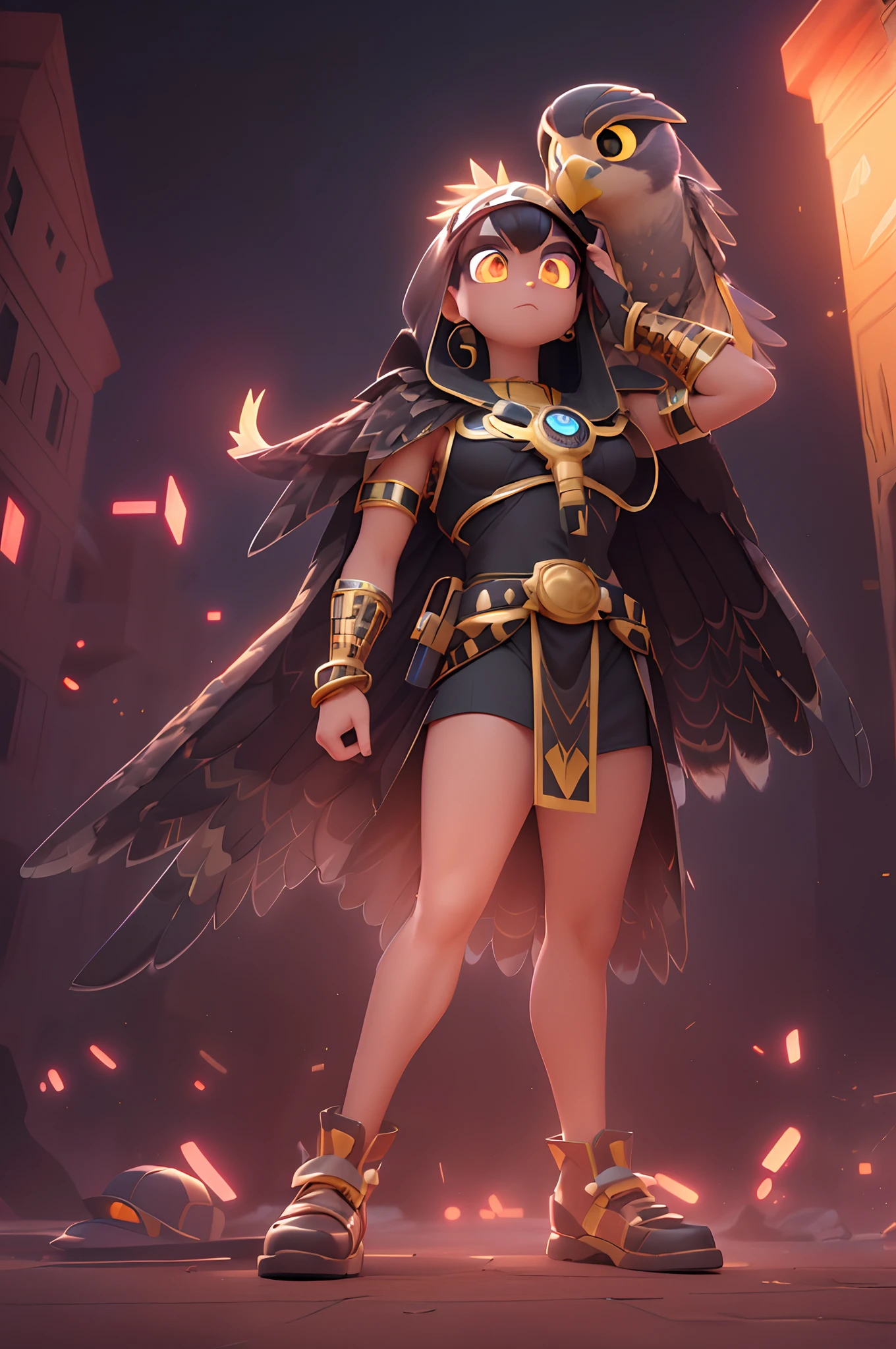 (Dynamic Angle:1.4), ((Full body posing:1.5), (Colorful:1.2), (Highly detailed CG Unity 16K wallpaper:1.1), (Denoising strength: 1.45), (tmasterpiece:1.37), ((Official art)), of the highest quality, (Realistic), ember, (Red-black hair:1.2),(Costume of the god Horus:1.4),,Glowing eyes,(Golden eyes:1.2),((Poses in motion:0.9)),((Costume of the god Horus:1.3)),wires, (LED:1.3), (a hologram:1.2),(Peregrine falcon head,Hats:1.3), Streets of Egypt, Streets of Egypt, (Night:1.2), (Rainbow Model:1.2), 8K resolution, (Anime style:1.3), Cinematic lighting, chromatic abberation, spark of light, Ray tracing, blending, ultra wide-angle, Hasselblad, (masutepiece), (masutepiece), ((Best Quality)), ((masutepiece)), nffsw