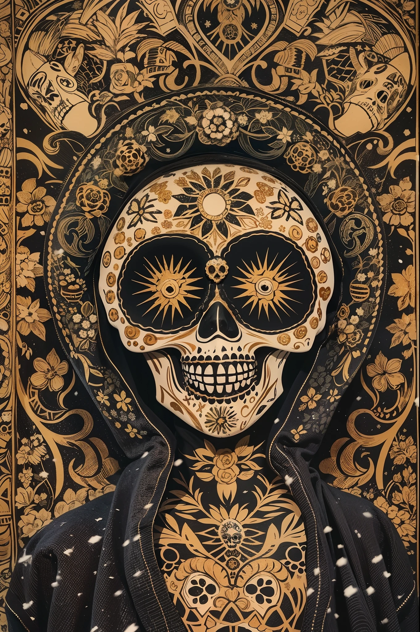 (Masterpiece, Best Quality), a "Muertos" with intricated Mask, black and gold , (Dia de los Muertos inspired), Hyperdetailed, winter, snowfall, cinematic, high_res
